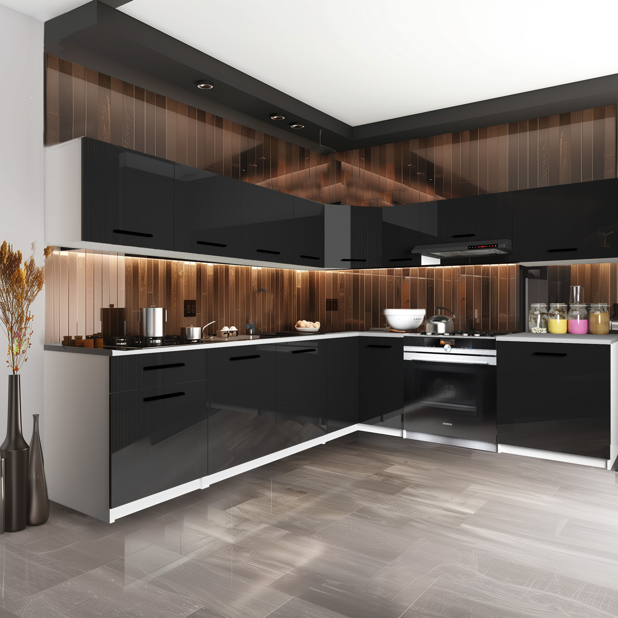 Cuisine contemporaine avec meubles intégrés et éclairage.