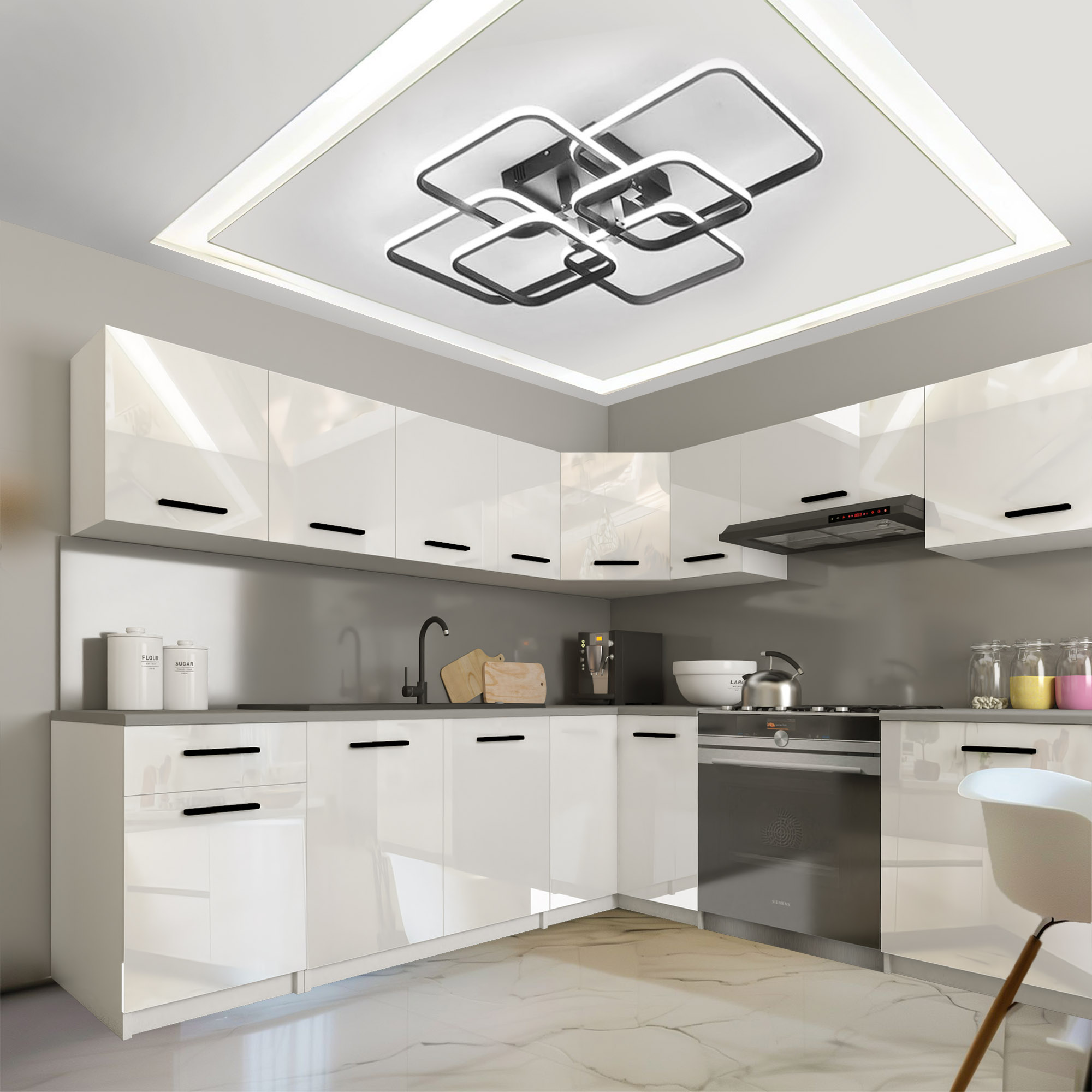 Cuisine lumineuse et moderne avec armoires blanches