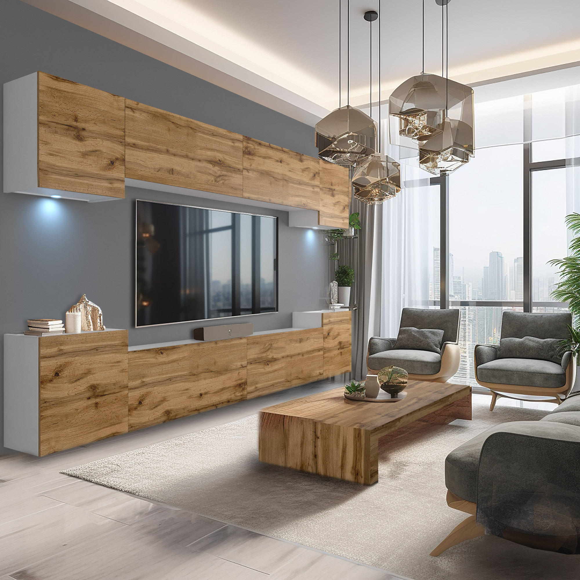 Mur avec télévision et meubles en bois dans un salon moderne