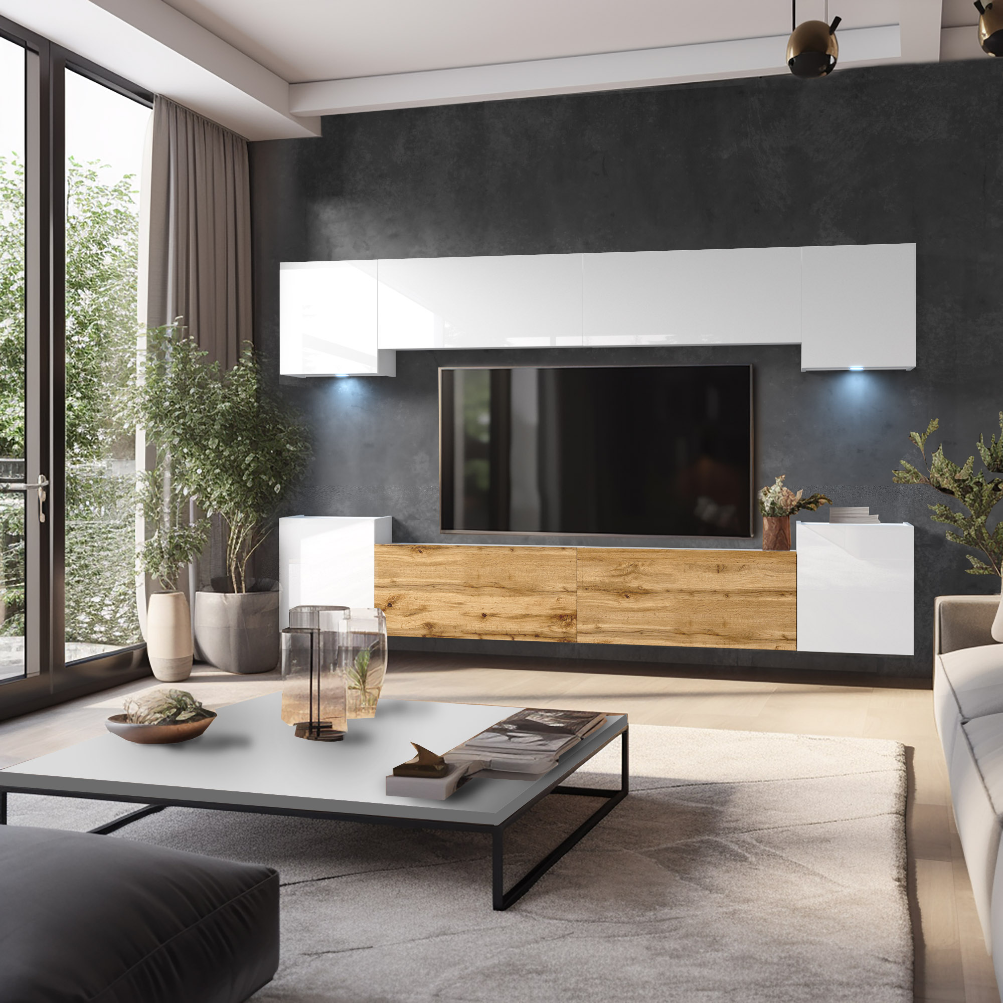 Salon avec meuble multimédia en bois et blanc