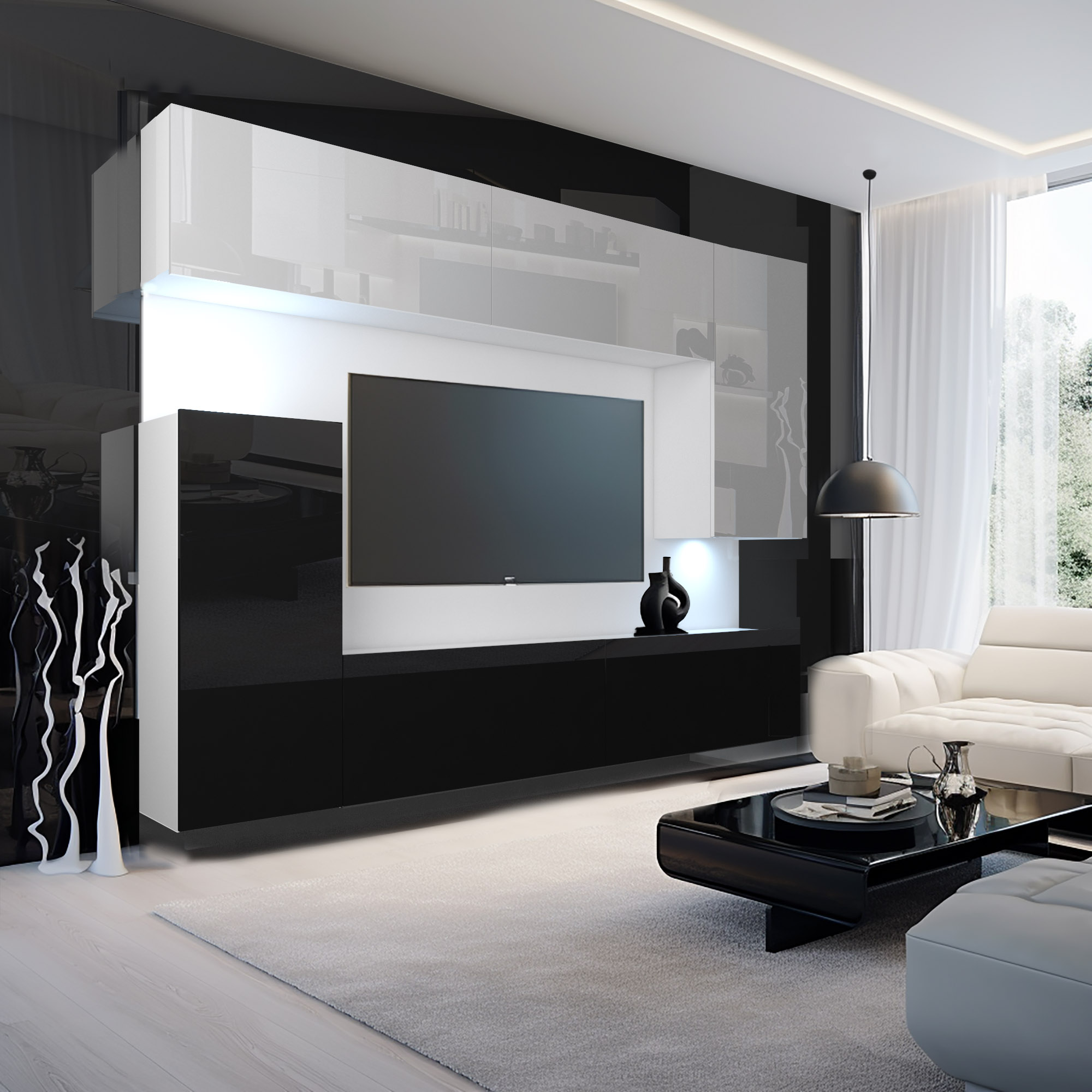 Salon noir et blanc avec meubles modernes