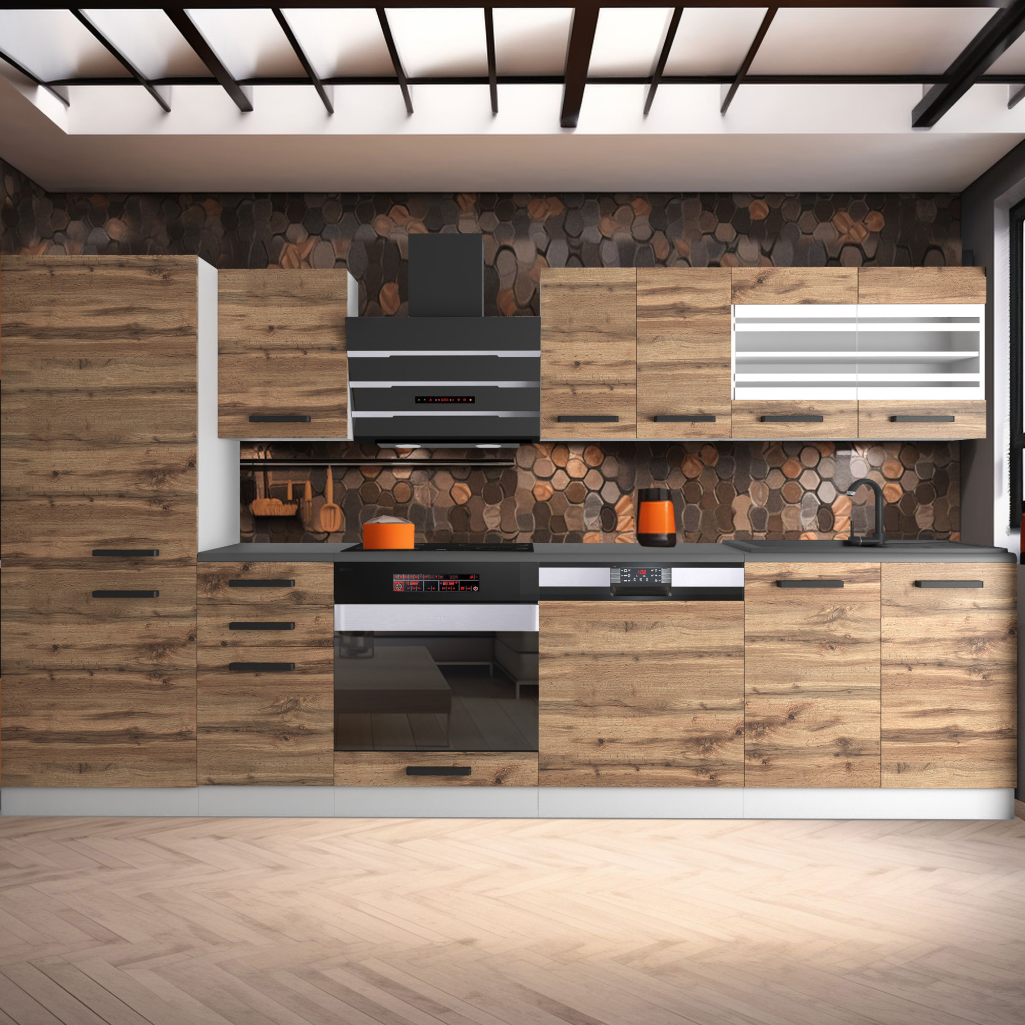 Cuisine avec armoires en bois et mur design