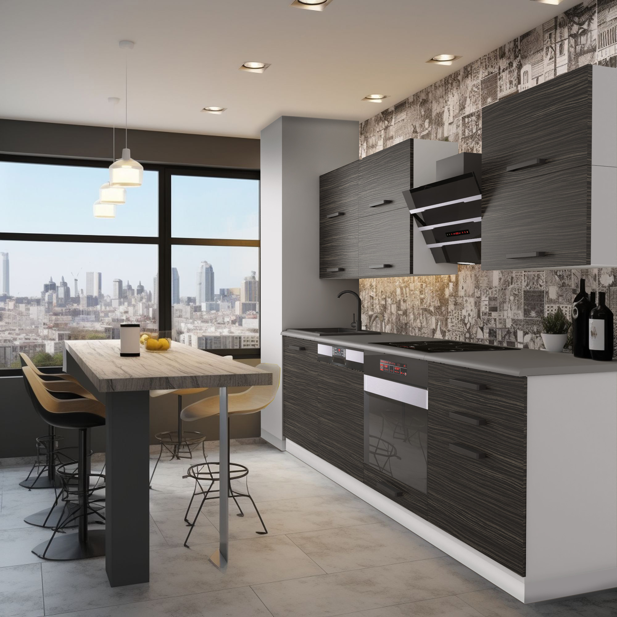 Vue de cuisine moderne avec grandes fenêtres et îlot bois