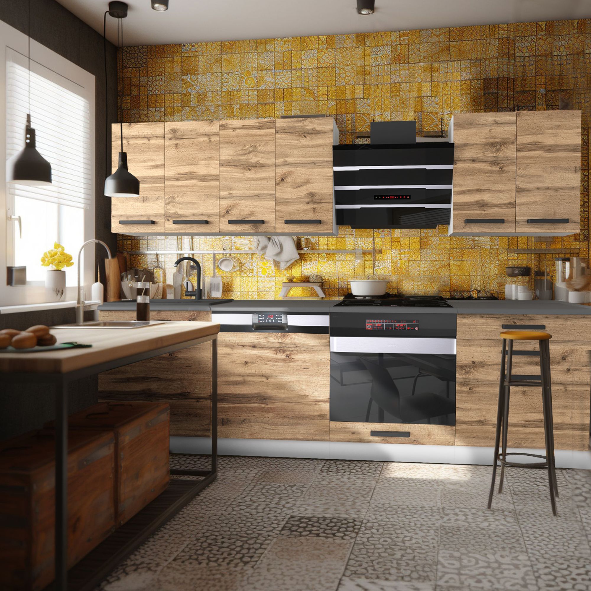 Cuisine avec meubles en bois et mosaïque dorée