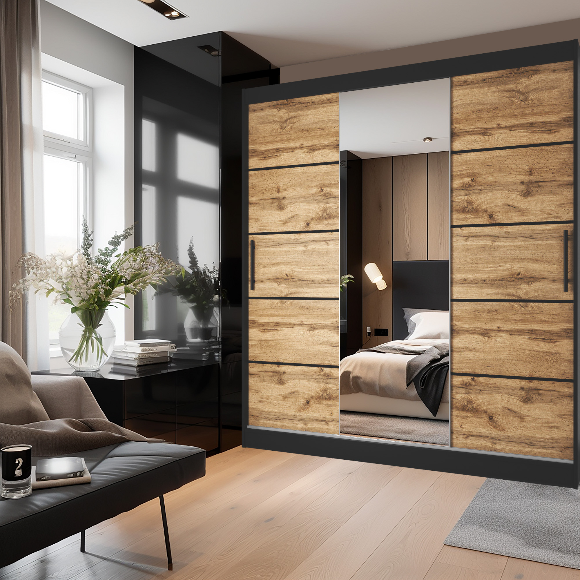 Chambre contemporaine avec armoire en bois