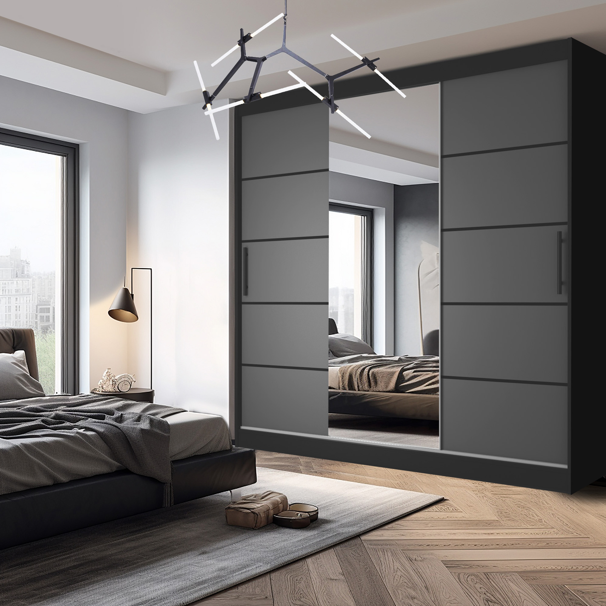 Chambre avec armoire miroir et lit confort