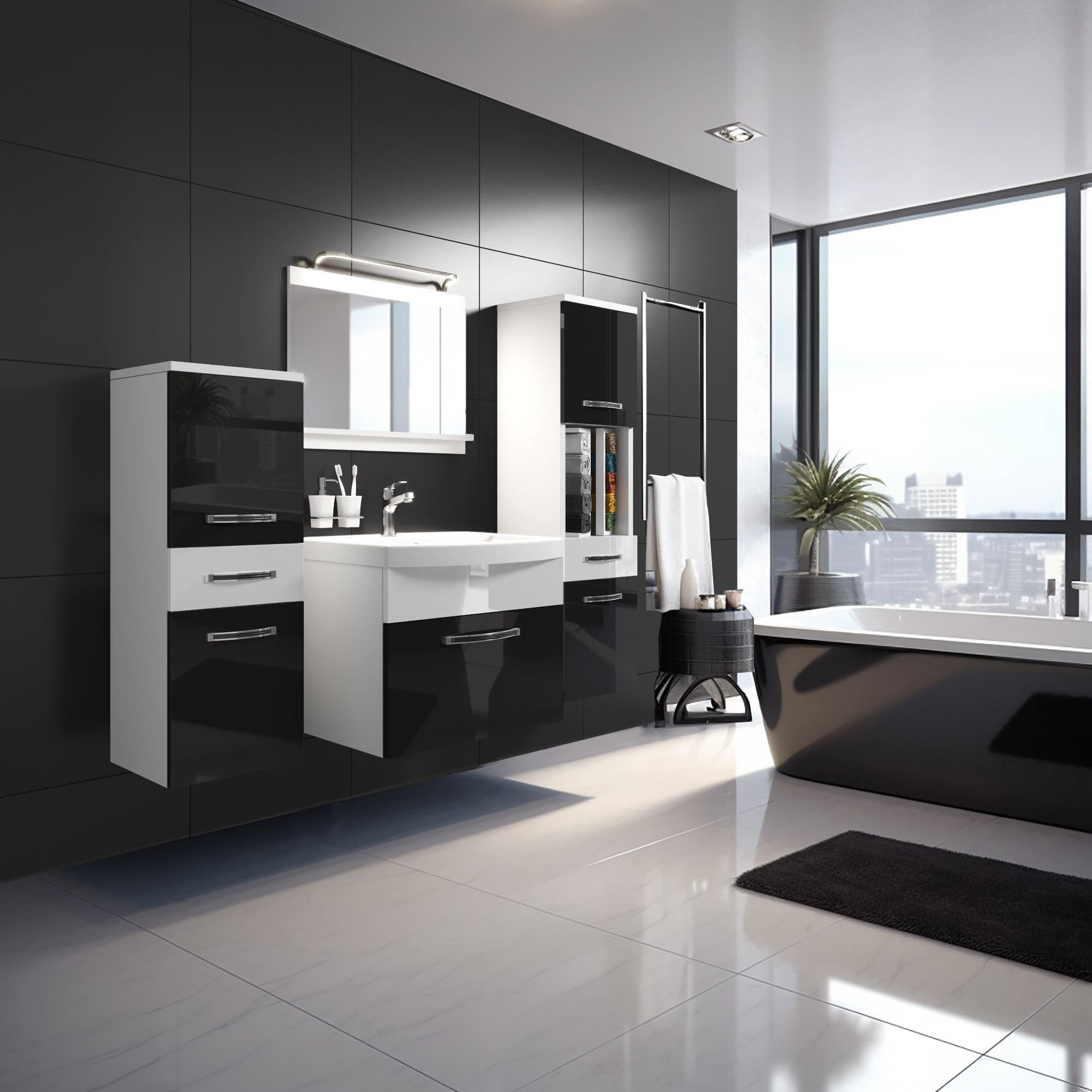 Salle de bain moderne avec meubles noirs et blancs