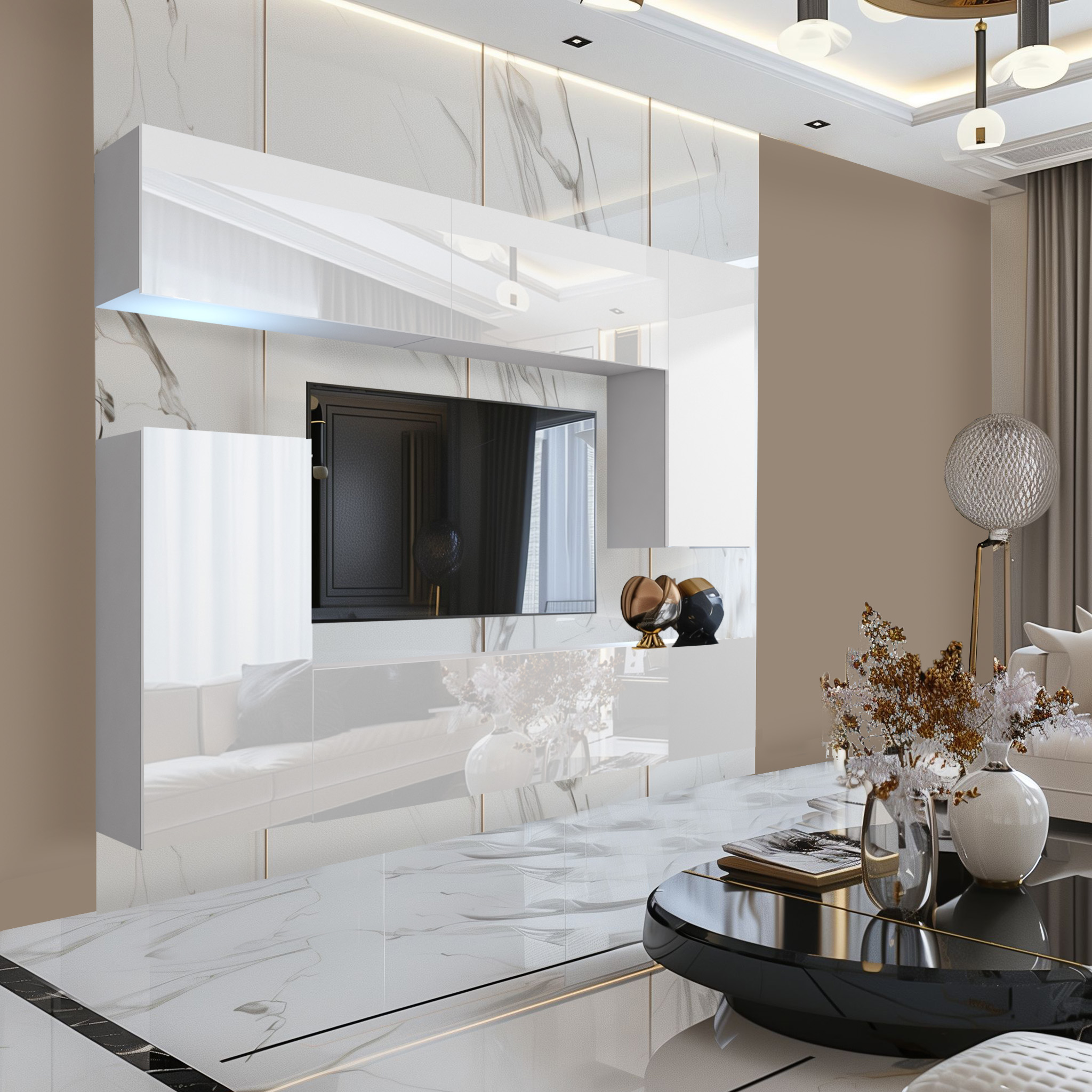 Mur médiatique blanc brillant avec accents de marbre
