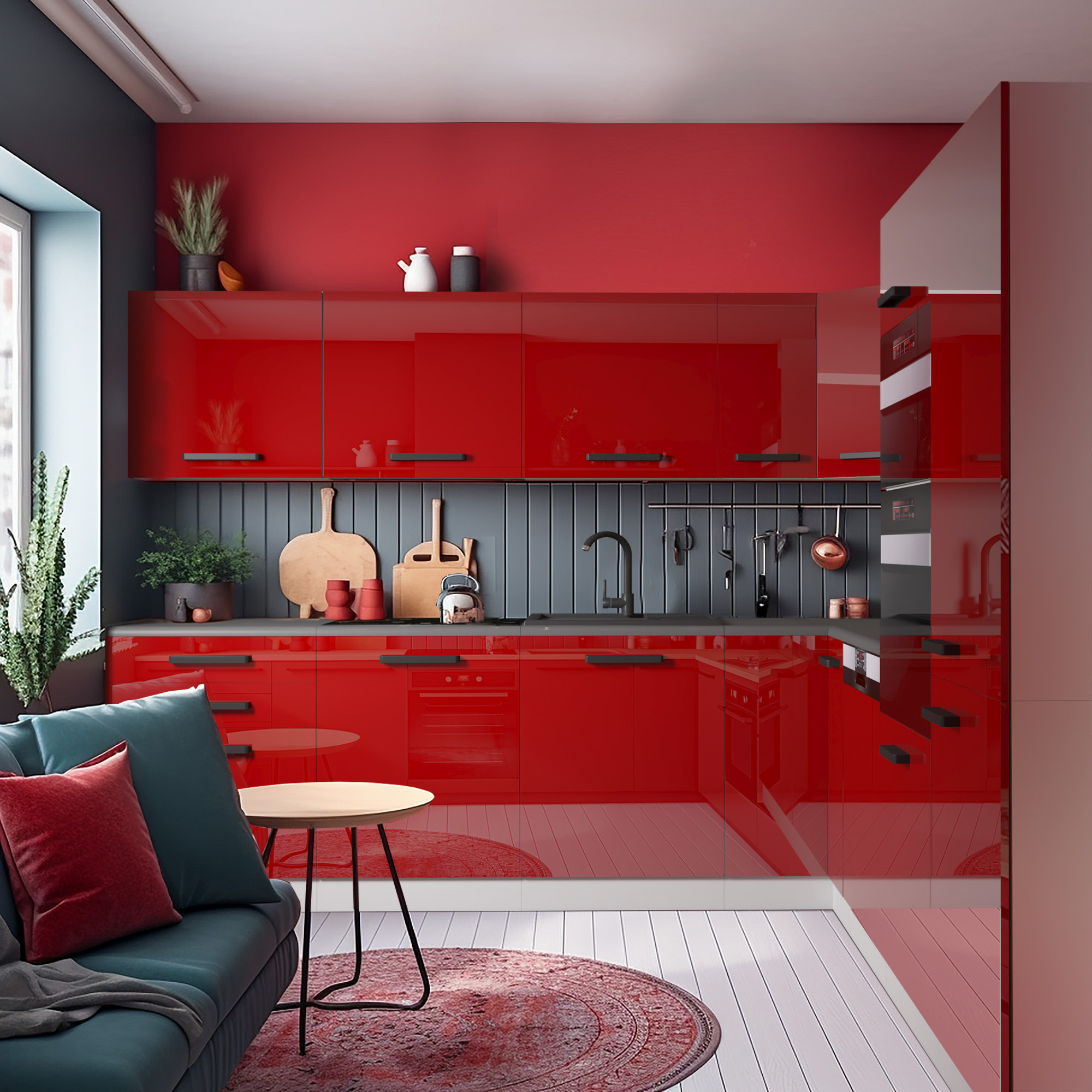 Cuisine rouge avec salon intégré et détails modernes