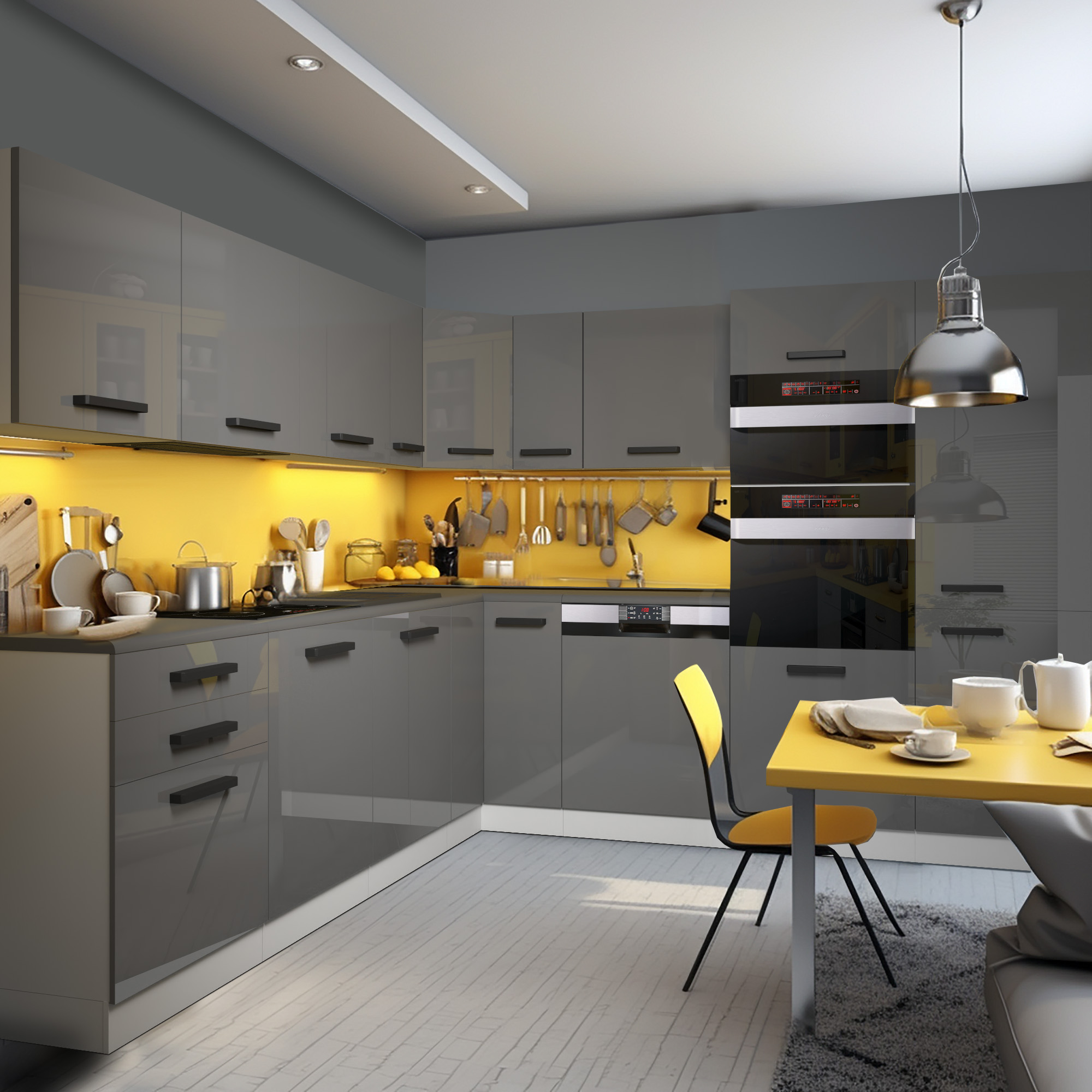 Cuisine moderne avec accents jaunes et gris
