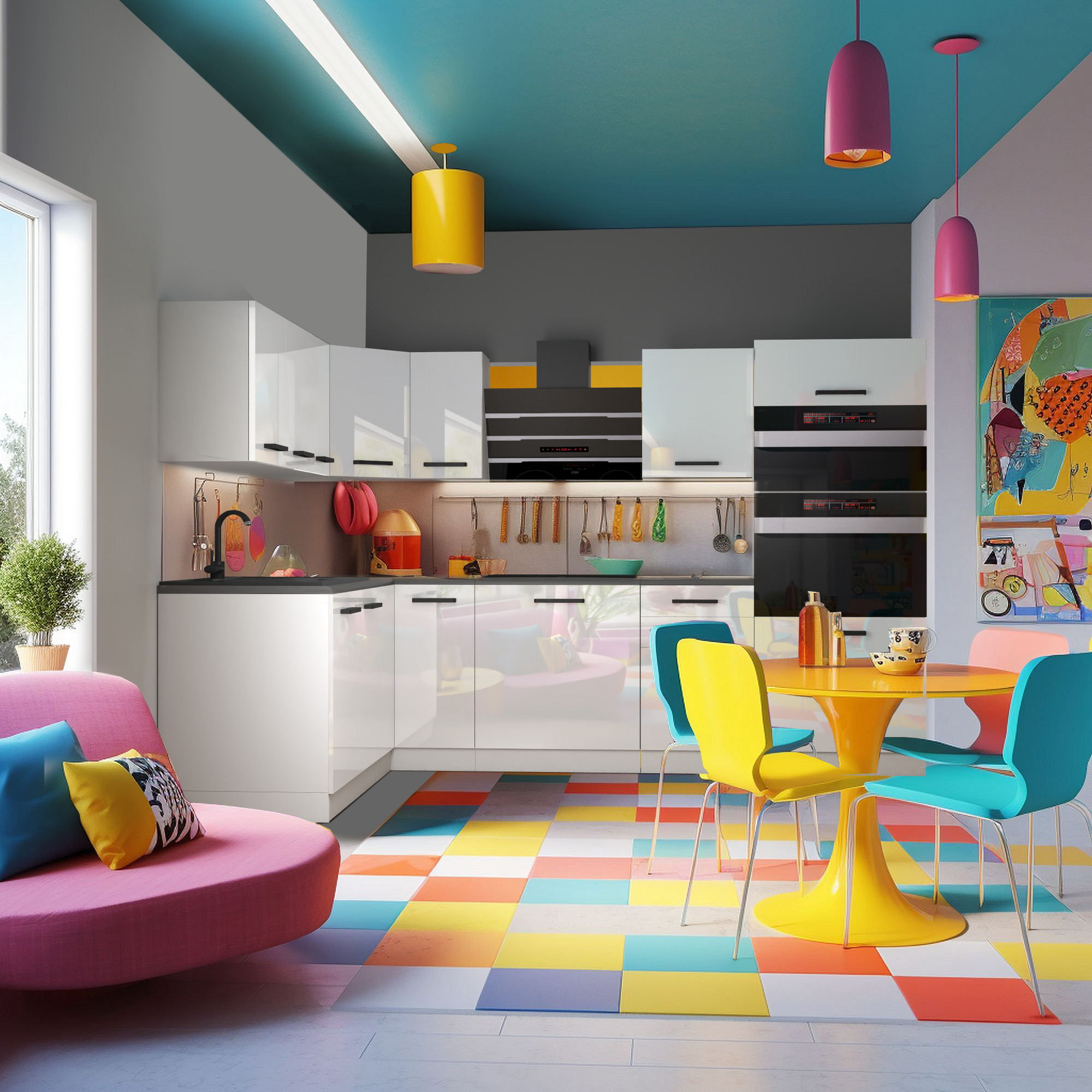 Cuisine colorée avec meubles fonctionnels et vivants