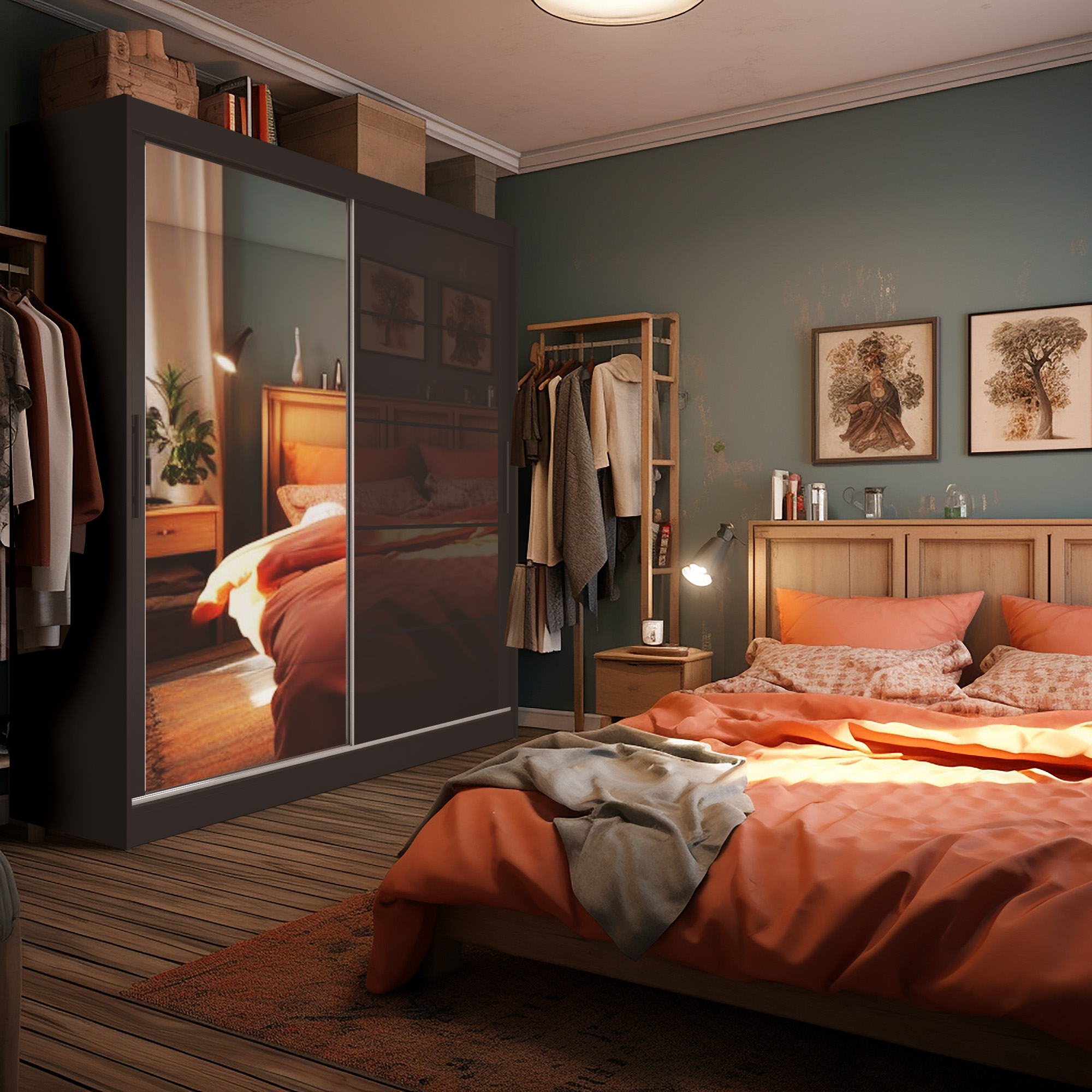 Chambre aux couleurs chaudes avec mobilier fonctionnel
