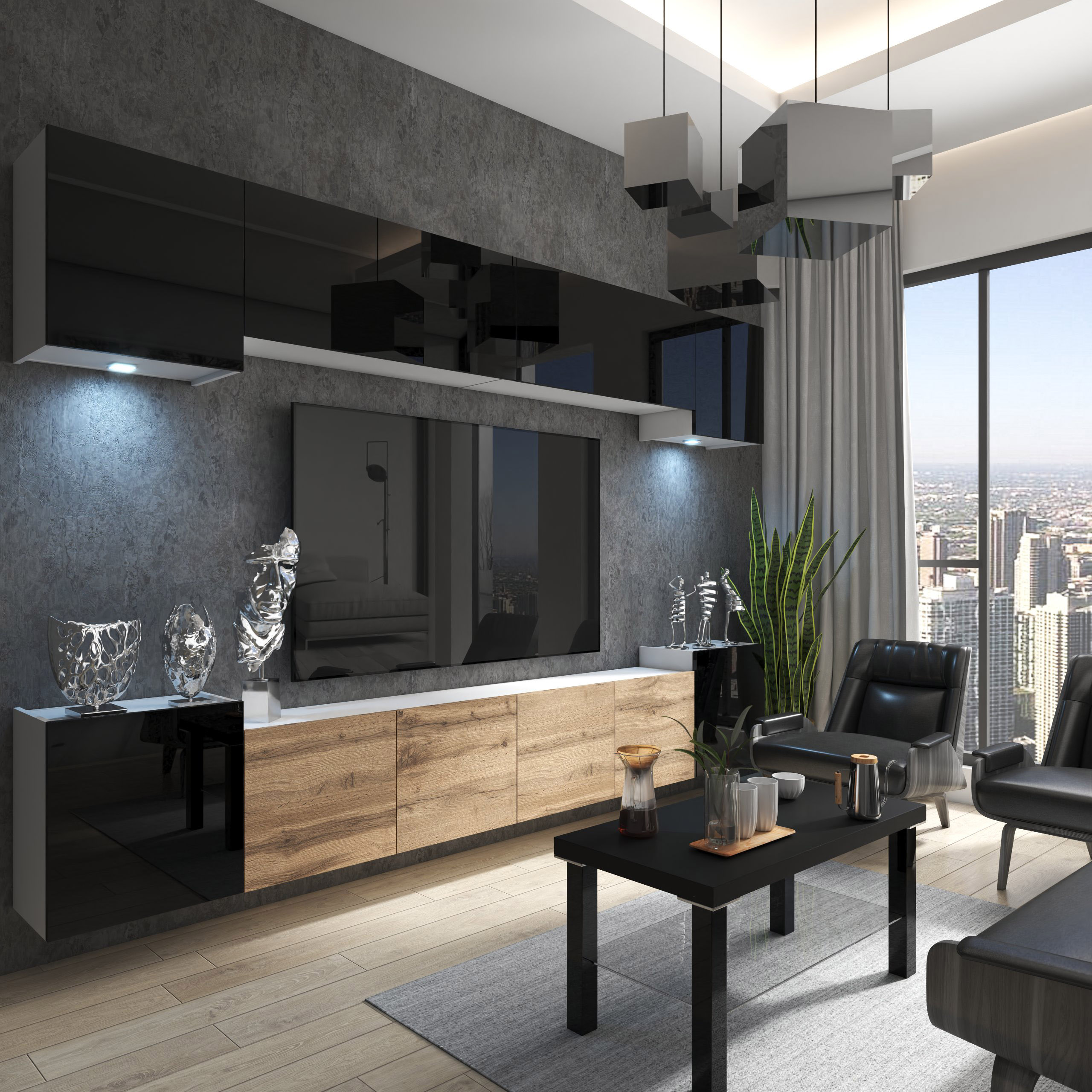 Salon moderne avec vue urbaine et mobilier confortable