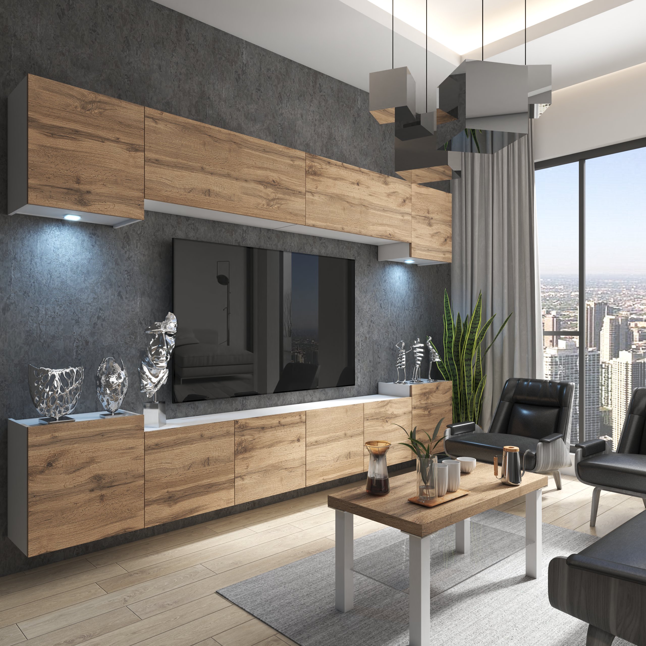 Salon avec meubles en bois et décoration moderne
