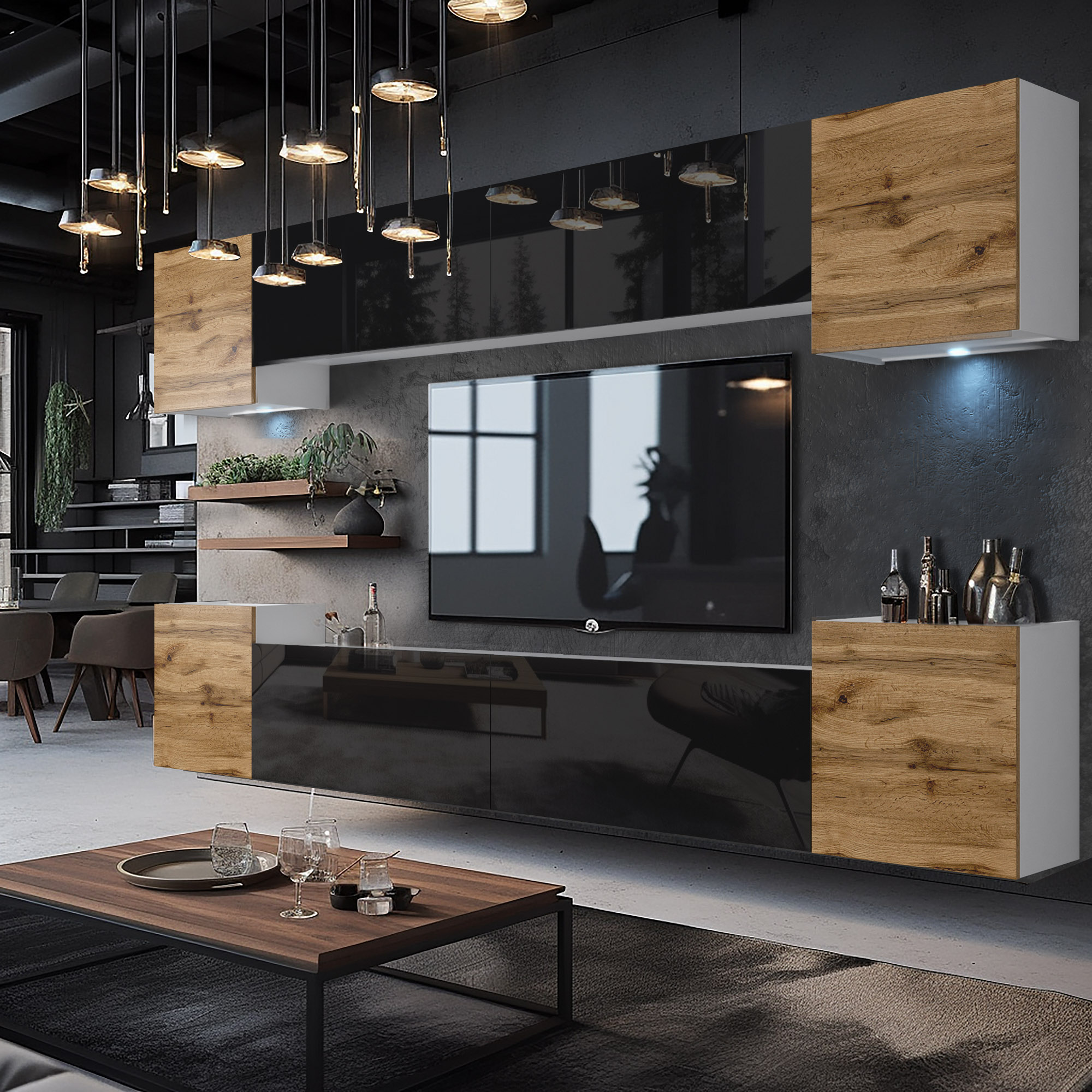 Salon industriel avec meubles en bois et accents métalliques