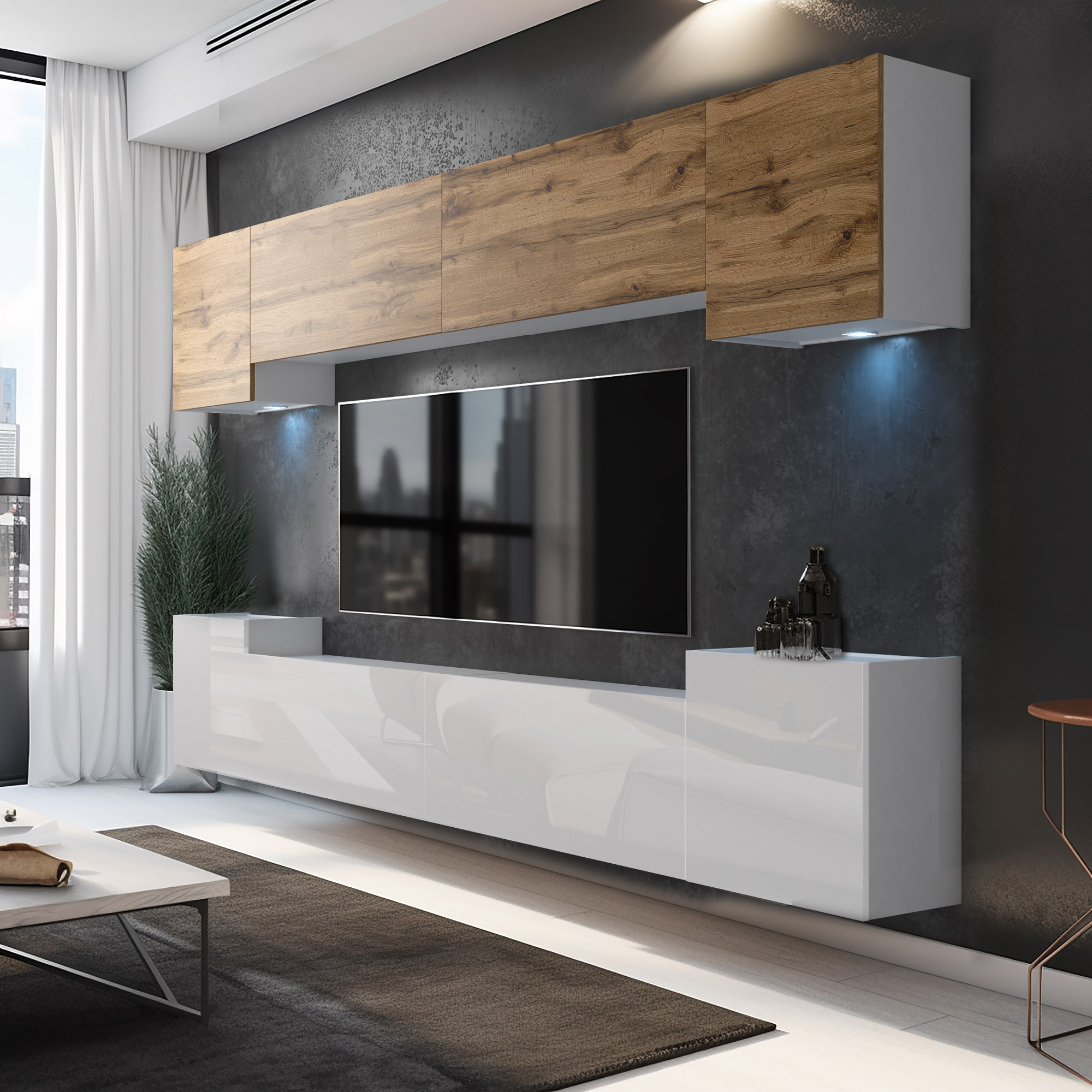 Salon avec meubles en bois et surfaces blanches