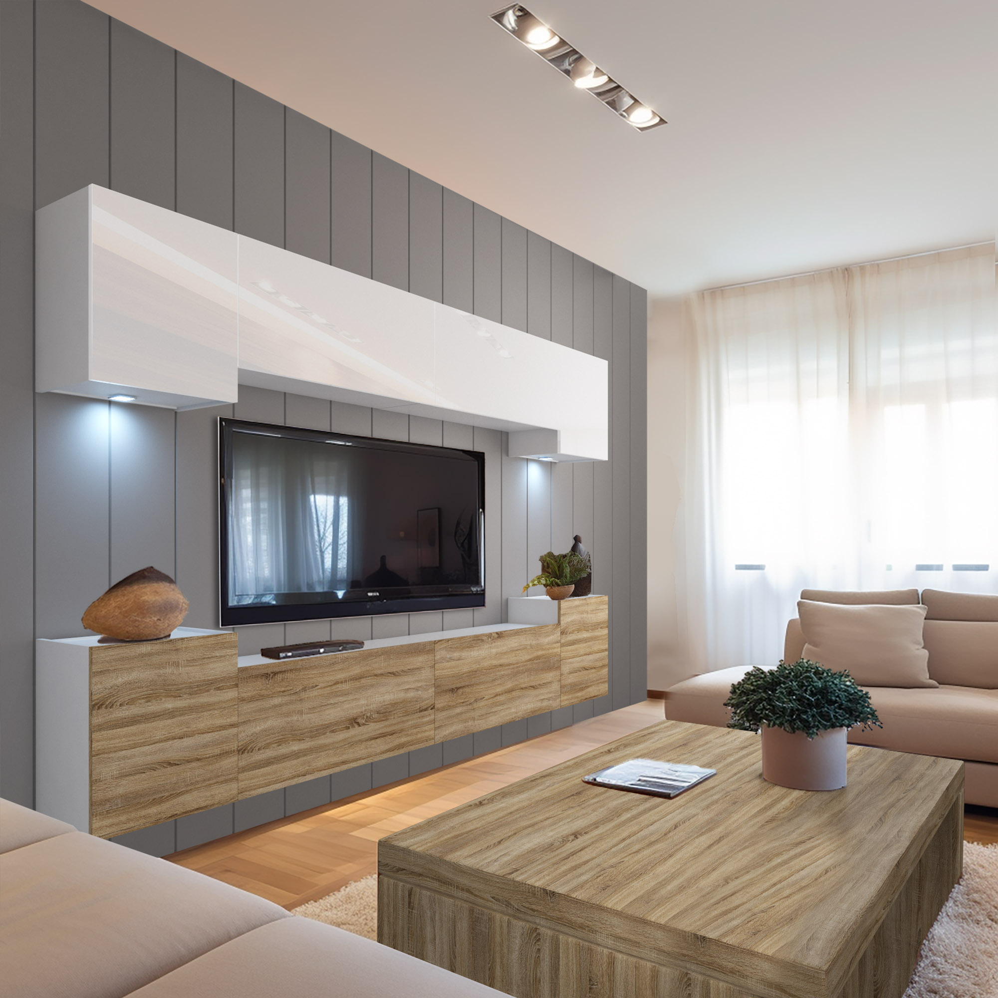 Salon lumineux avec meubles en bois et déco moderne