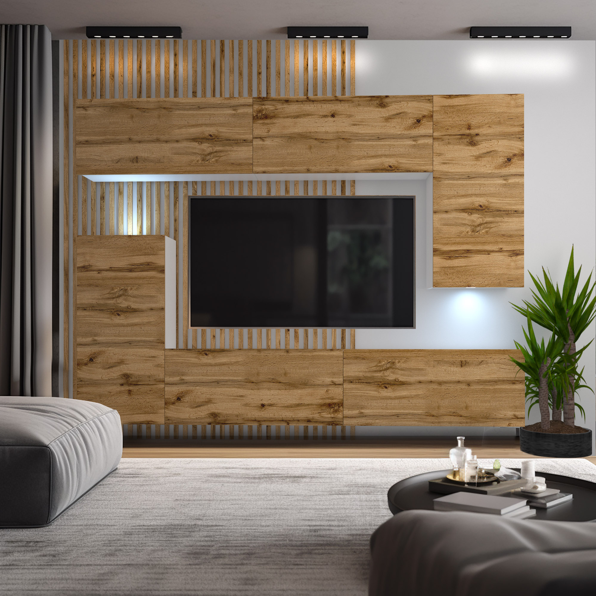Mur en bois avec téléviseur encastré et éclairage doux