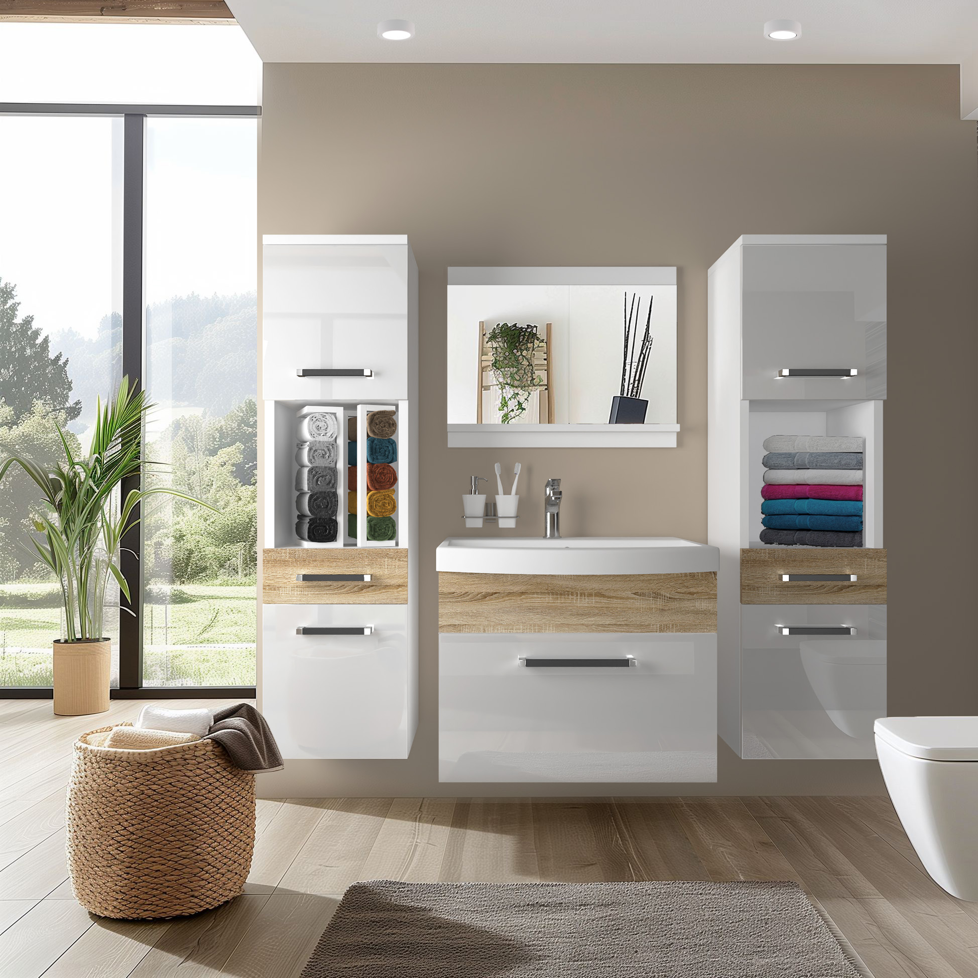 Salle de bain lumineuse avec mobilier blanc et bois