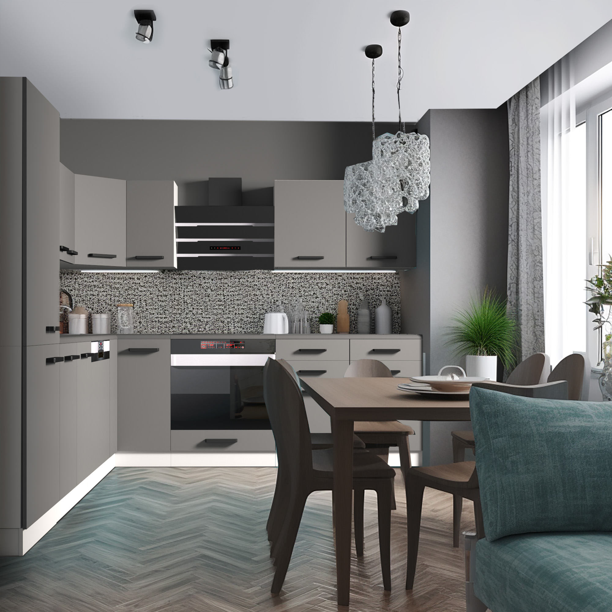 Vue d'une cuisine moderne et élégante sans personnes
