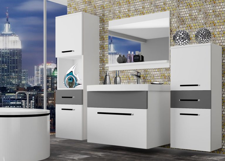 Meuble de salle de bain Belini blanc mat / gris mat + lavabo + miroir Fabricant ROD M 5/0/W/WSR/0/ZW