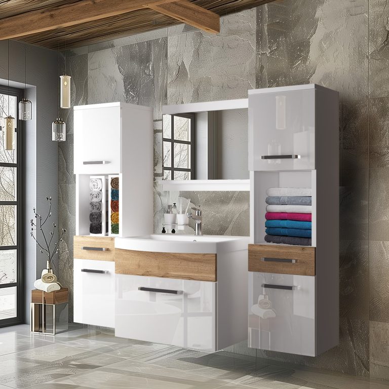 Meuble de salle de bain Belini blanc brillant / chêne wotan + lavabo + miroir Fabricant ROD PM 6/0/W/WDW/0/ZW