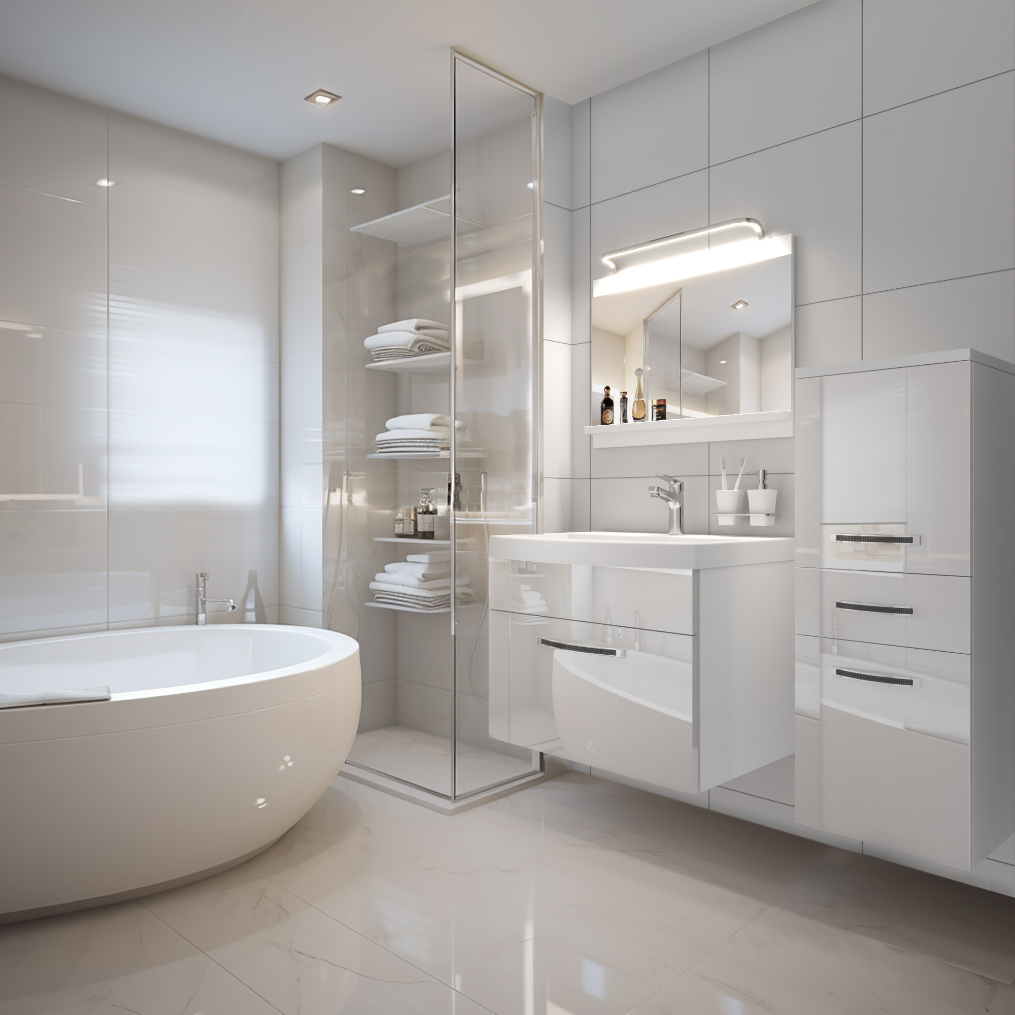 Salle de bains contemporaine avec baignoire et rangements