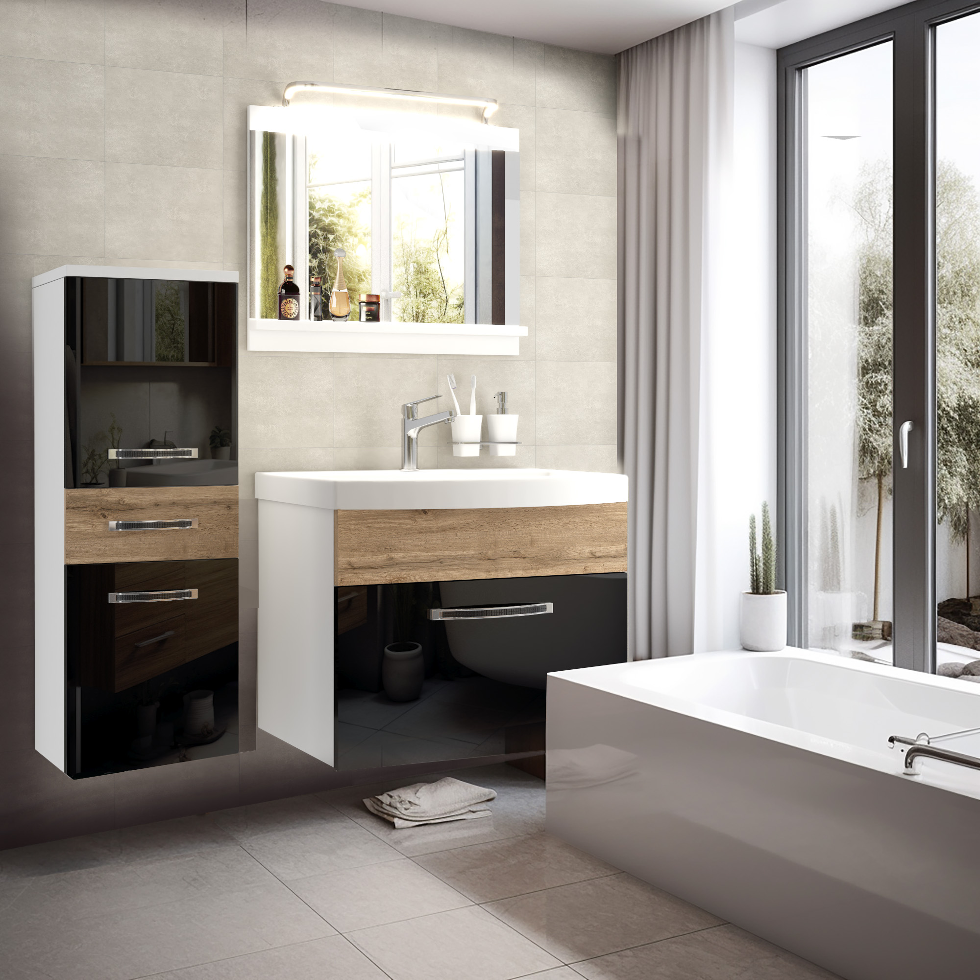 Salle de bain avec meubles suspendus modernes et baignoire