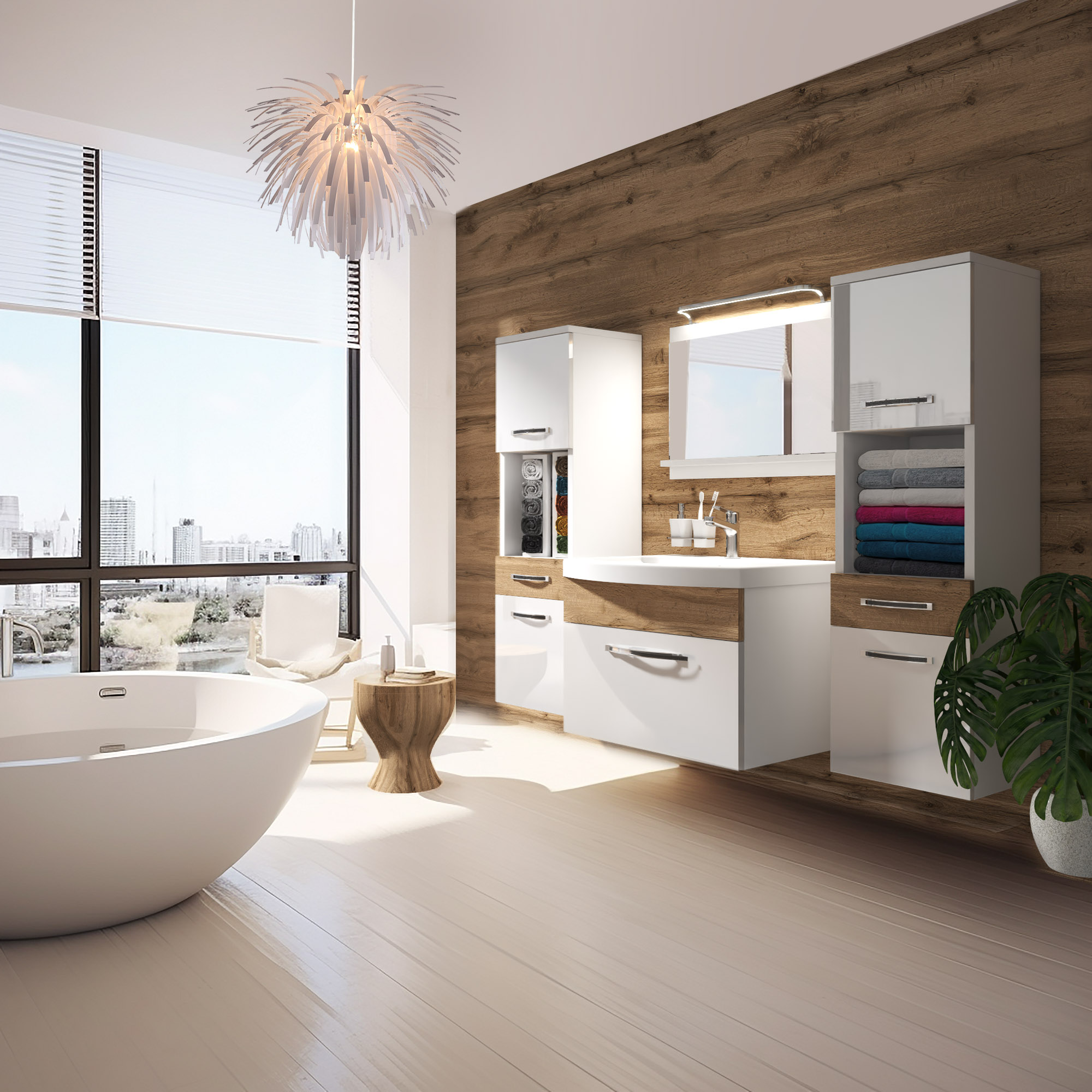 Salle de bain avec mur en bois et baignoire îlot