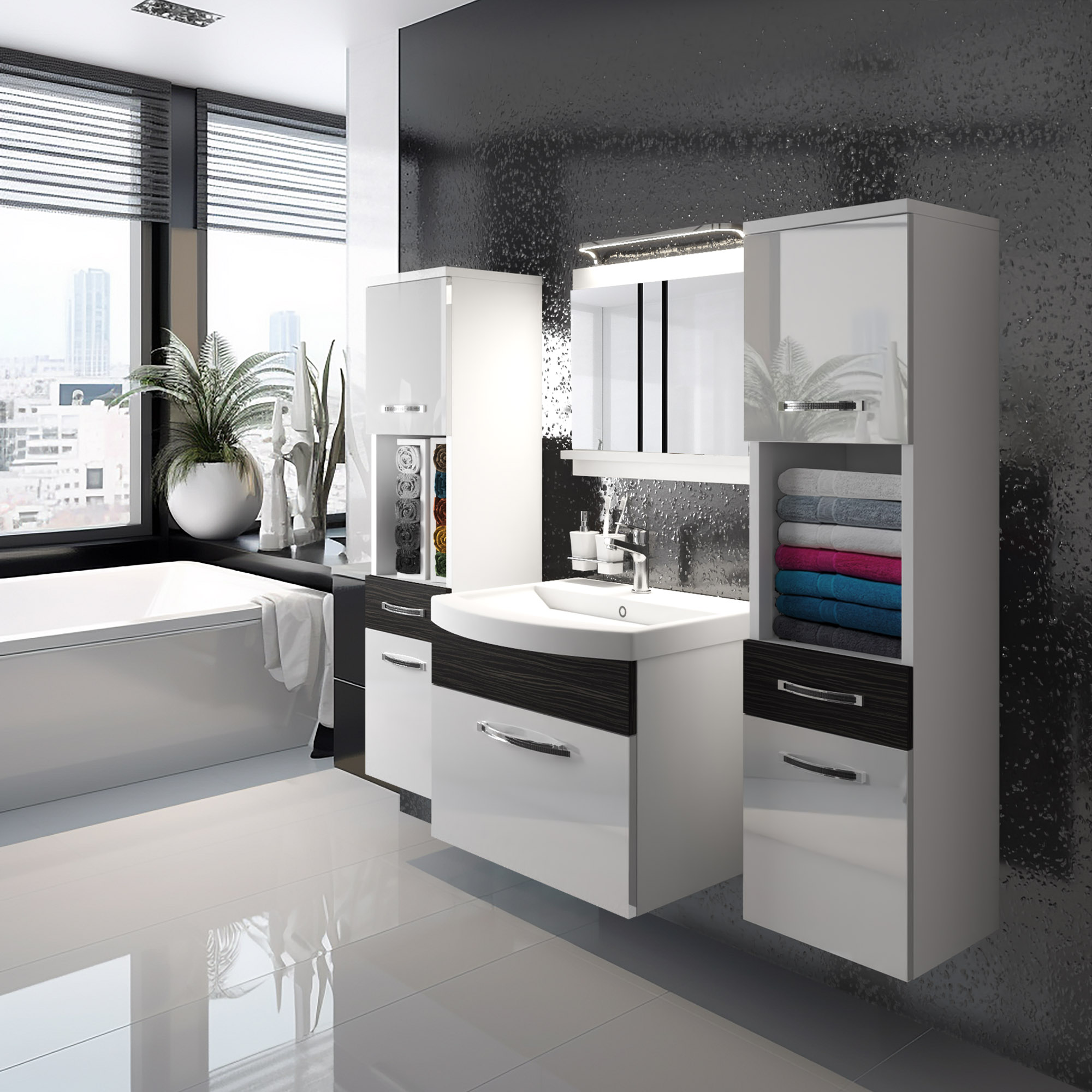 Salle de bain moderne avec miroirs et rangement