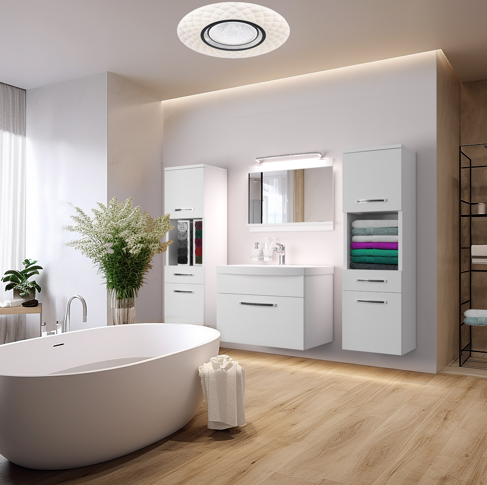Salle de bain moderne avec baignoire et mobilier blanc