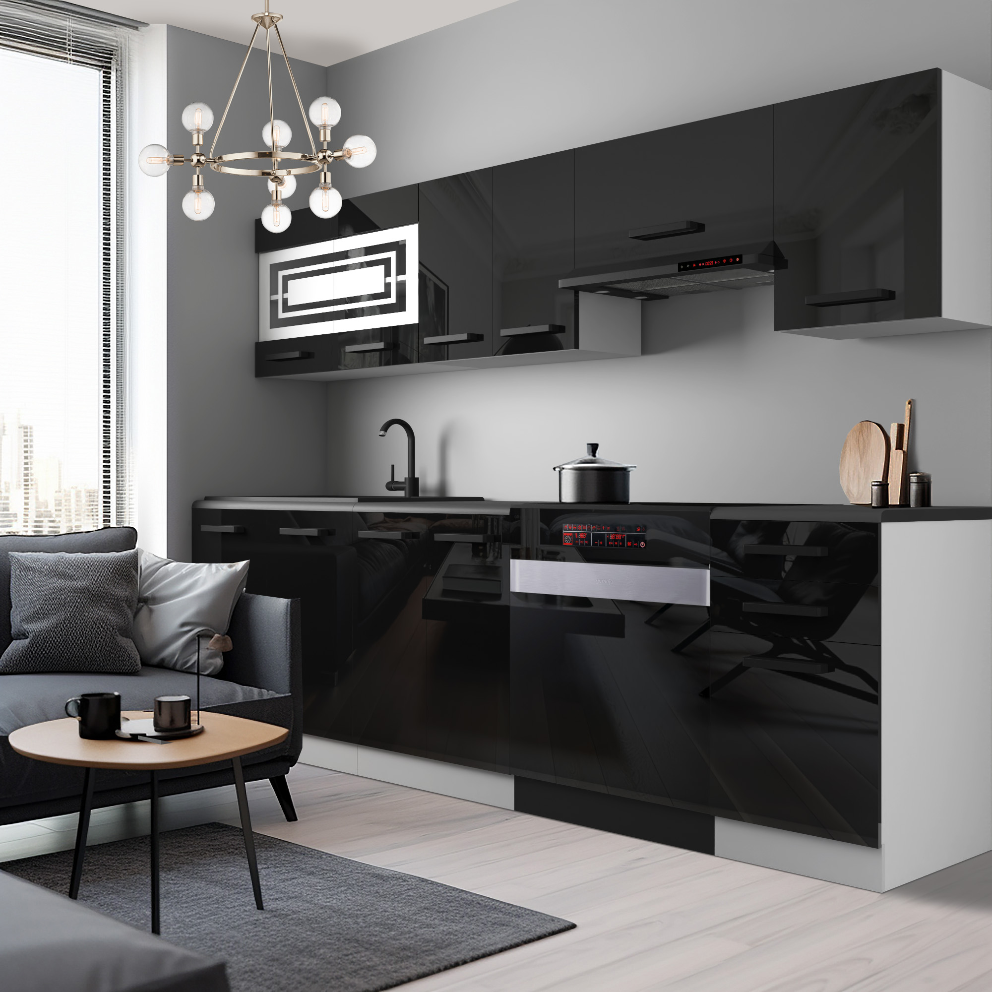 Cuisine en noir avec espace salon intégré
