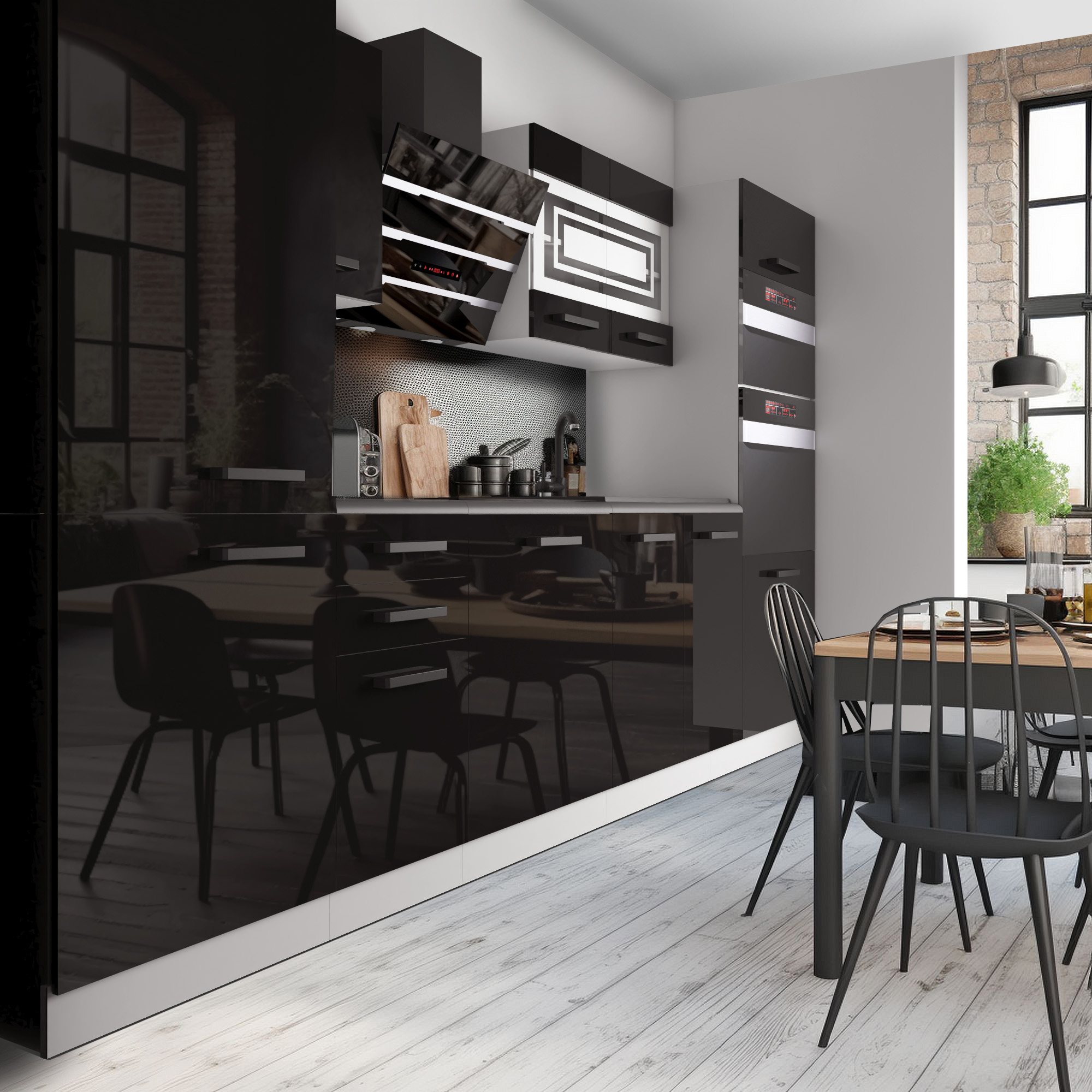 Cuisine moderne avec armoires noires et table en bois