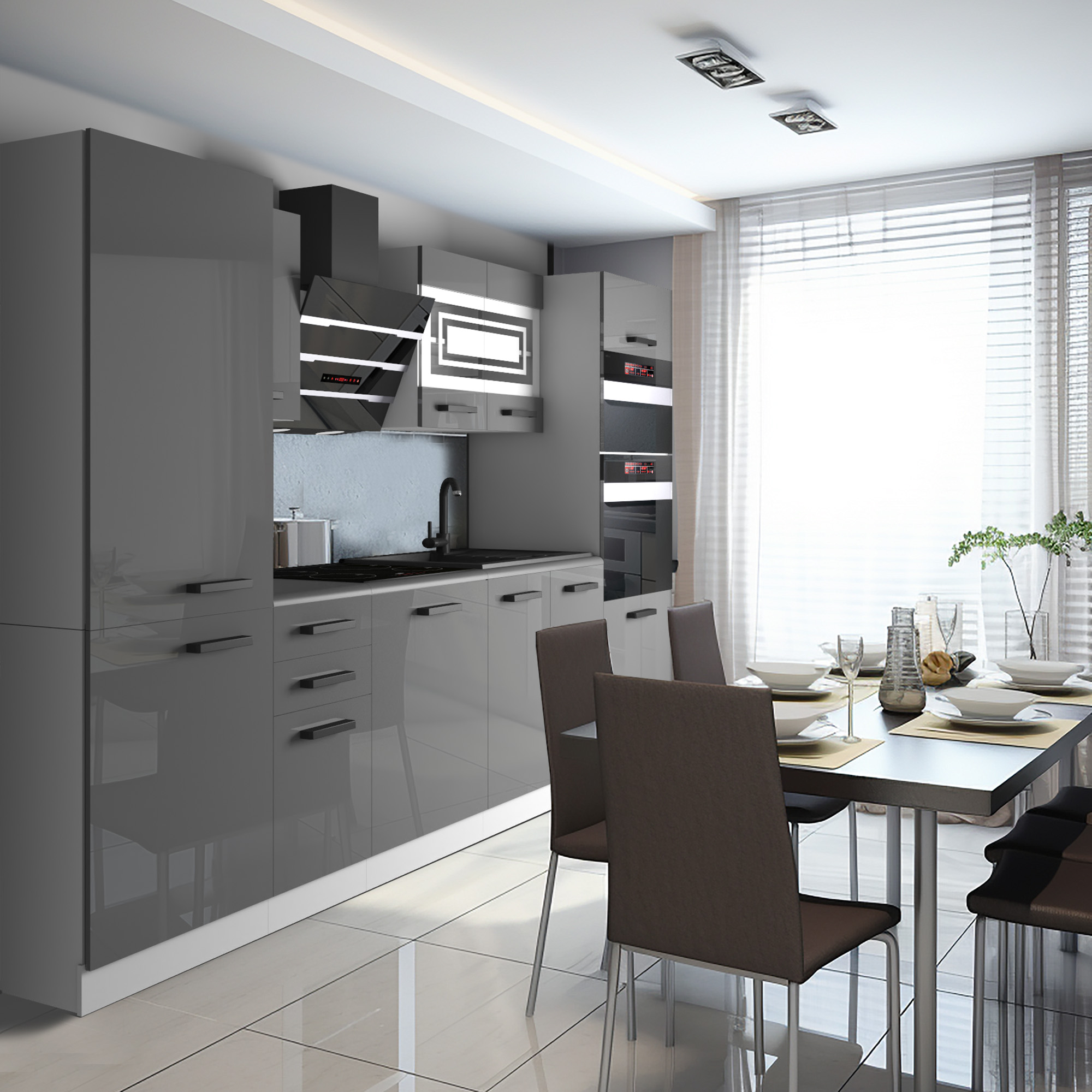 Cuisine moderne avec armoires grises et coin repas