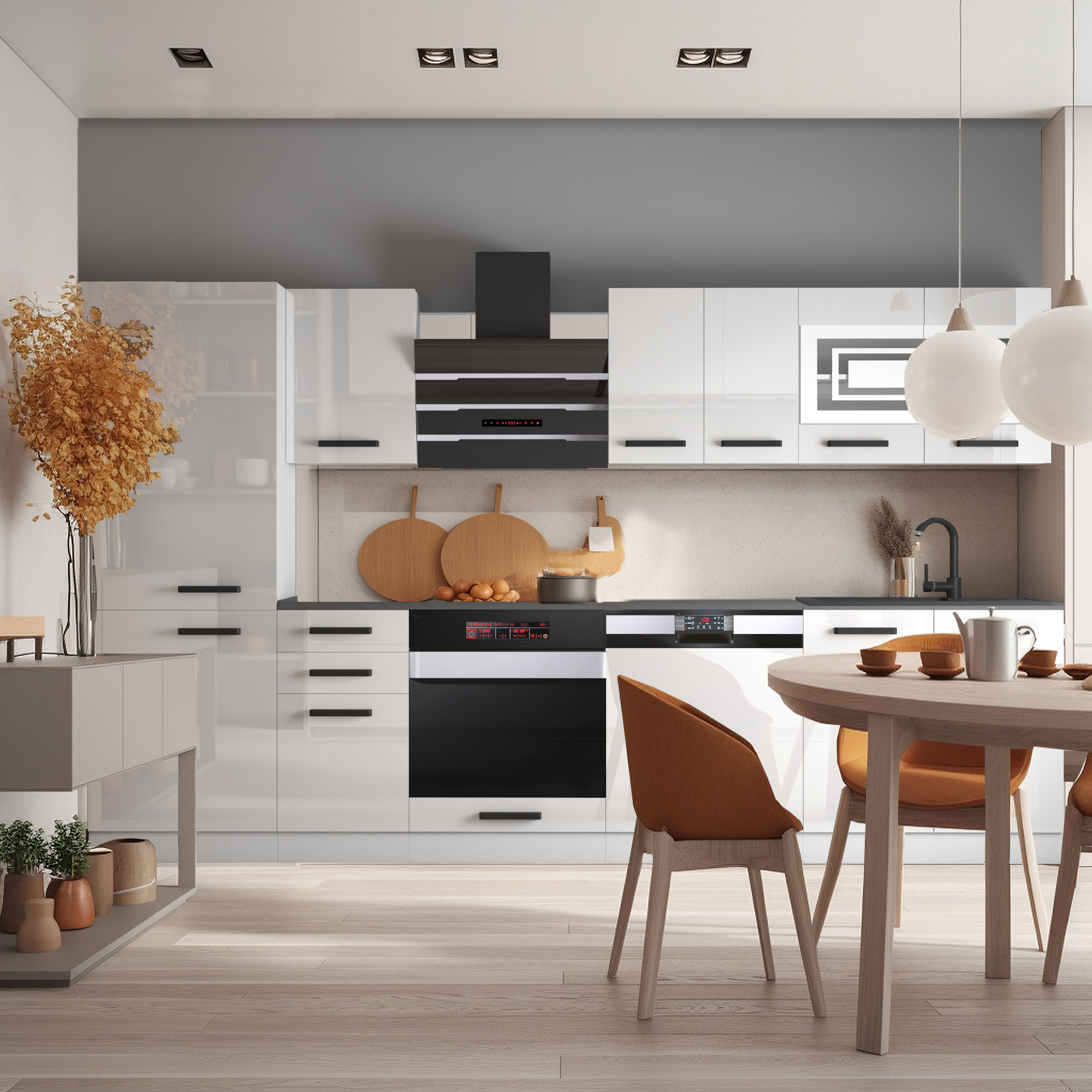 Cuisine lumineuse avec table ronde et chaises confortables