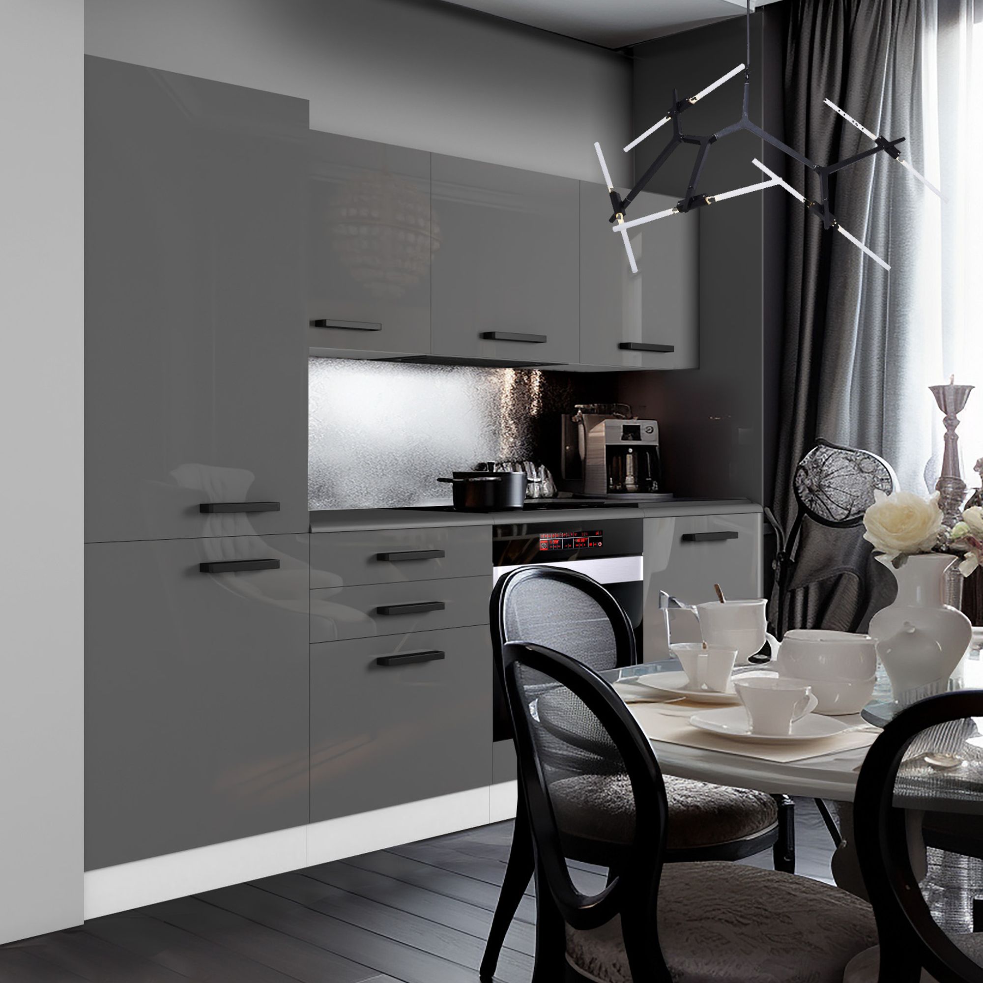 Cuisine avec meubles gris brillants et table élégante