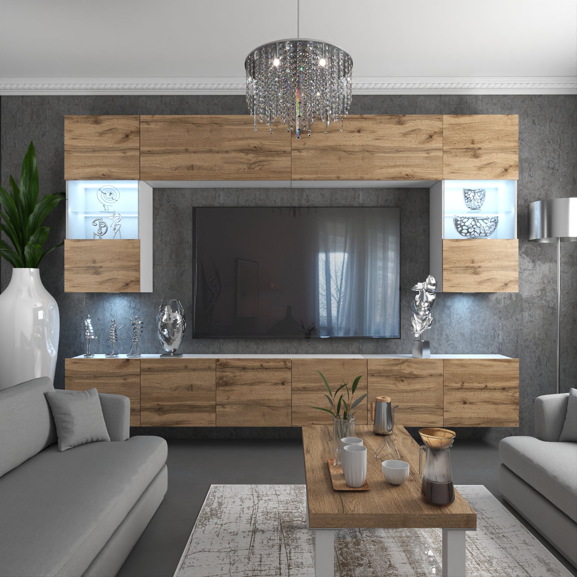 Salon avec mobilier en bois et mur d'accent élégant