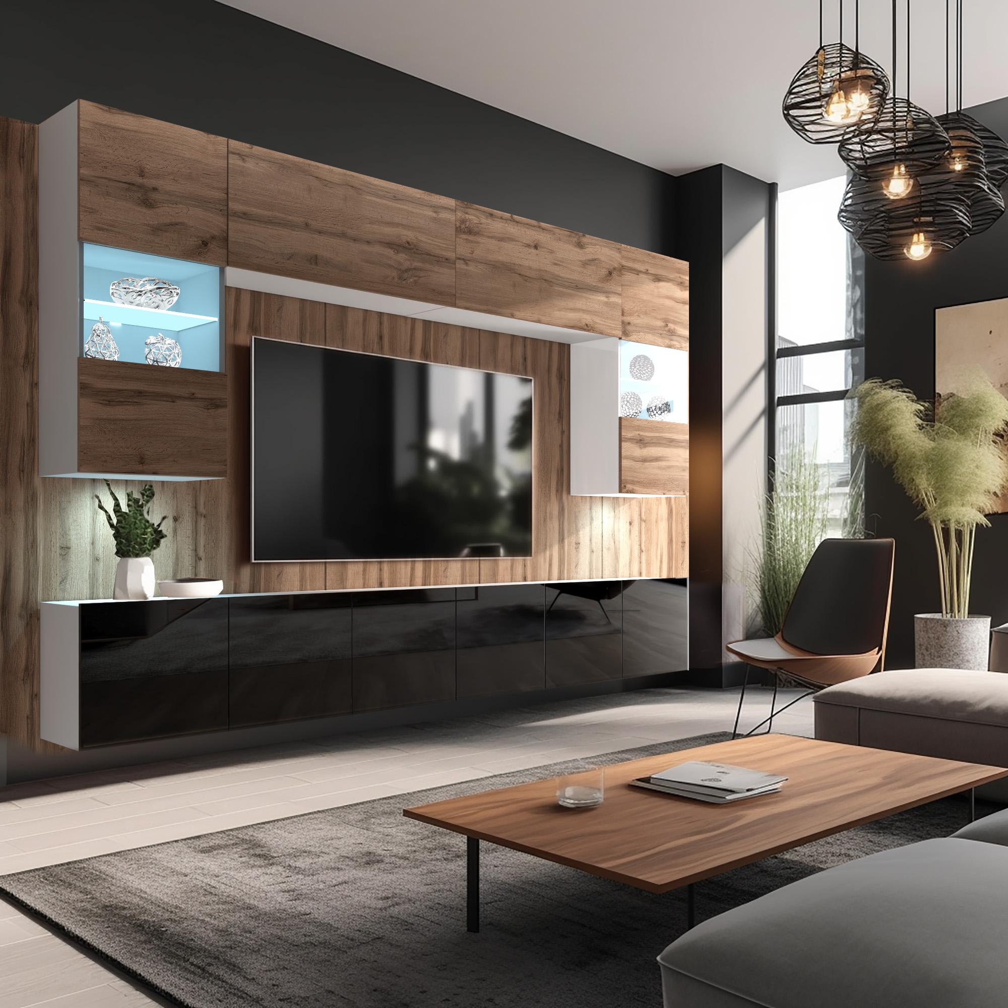 Salon moderne avec mur multimédia et mobilier en bois