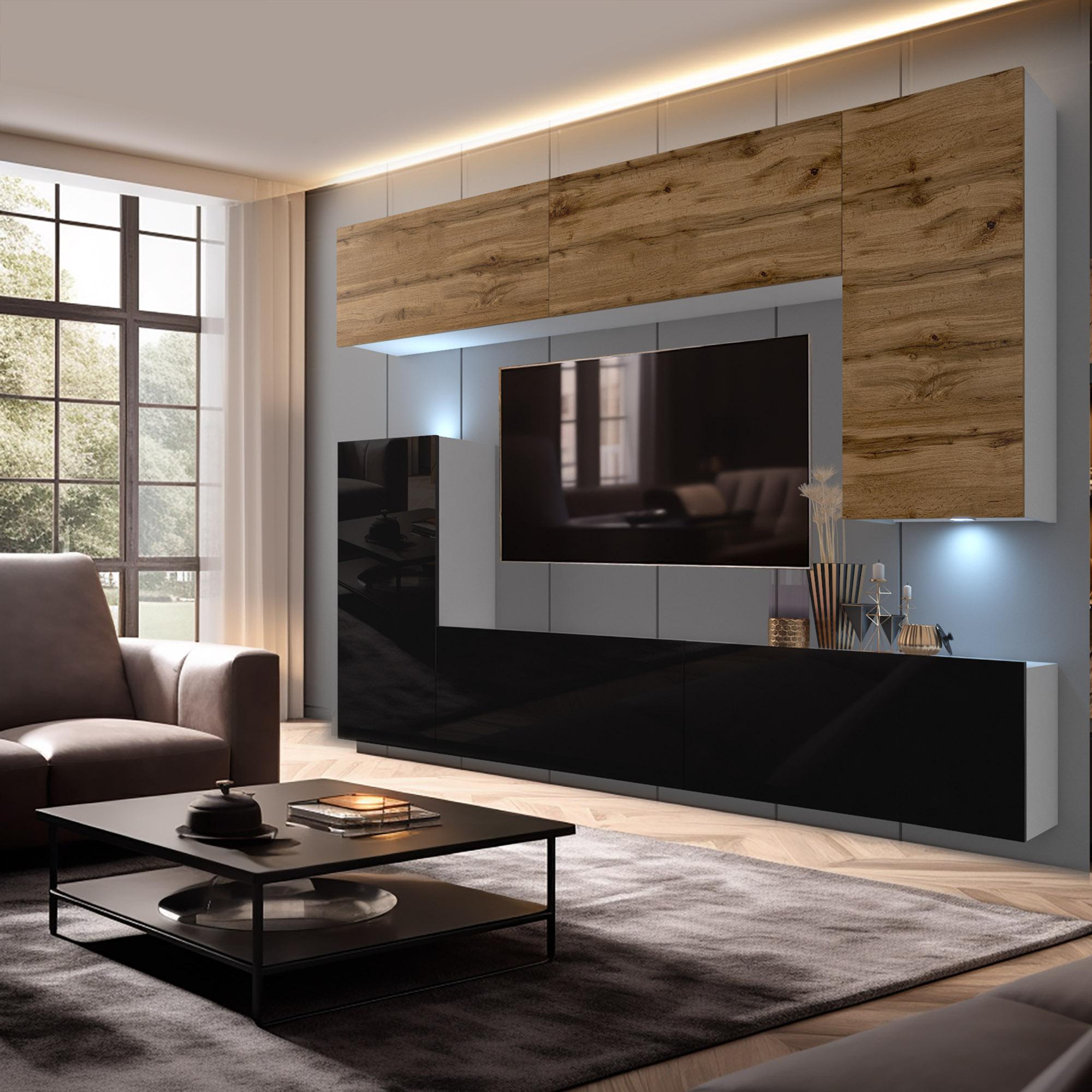 Mur de télévision en bois et noir moderne