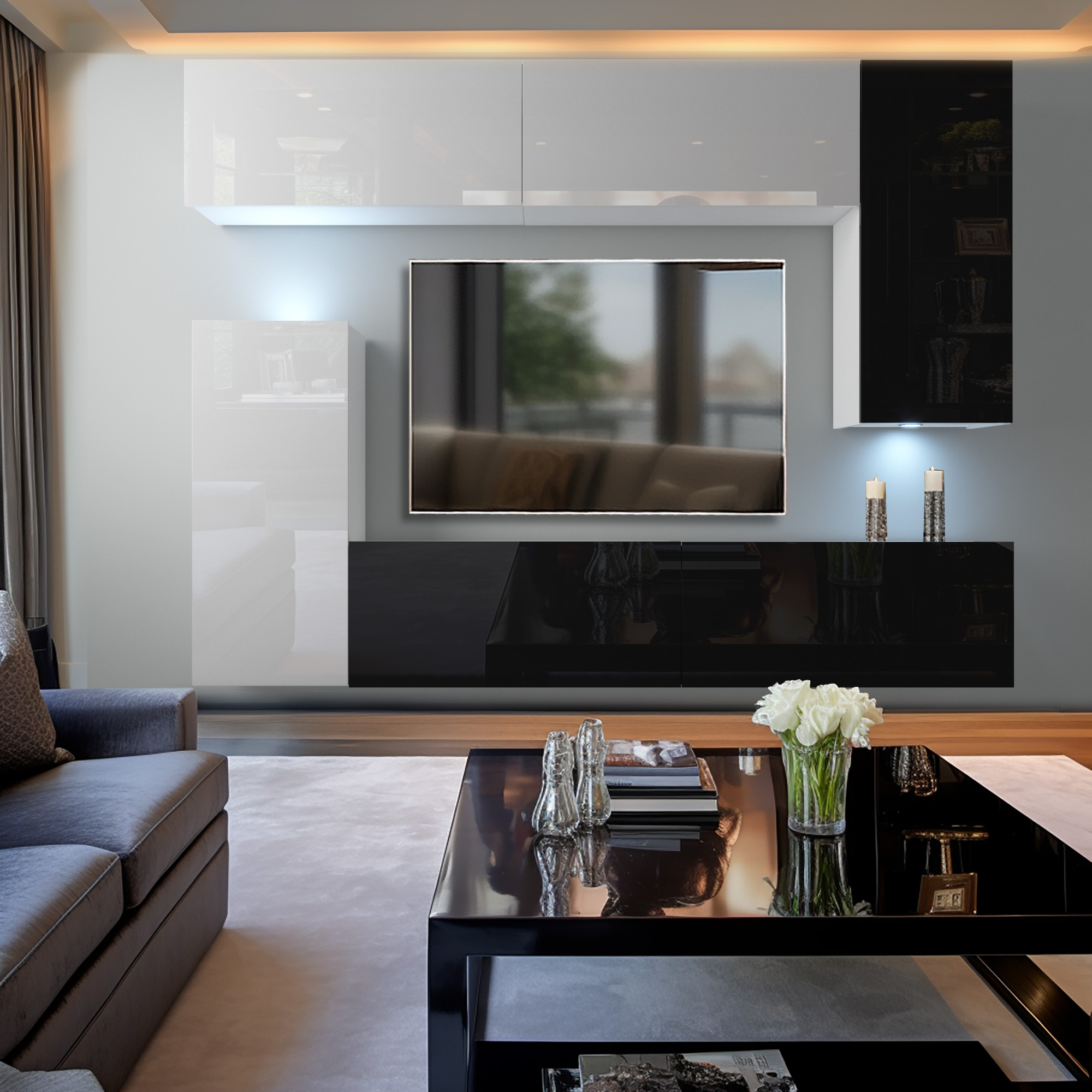 Salon moderne avec meubles noirs laqués et canapé gris