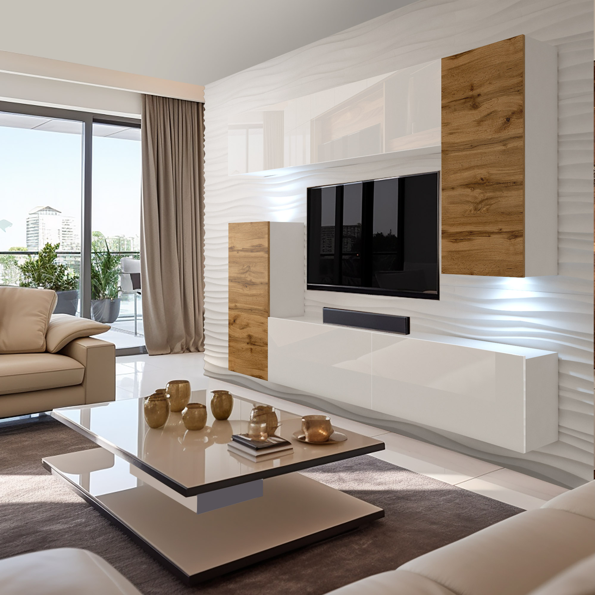 Salon avec mur texturé et meubles boisés
