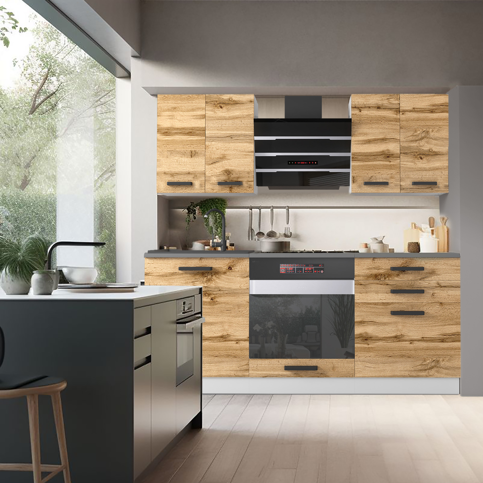 Cuisine avec façades en bois et appareils modernes