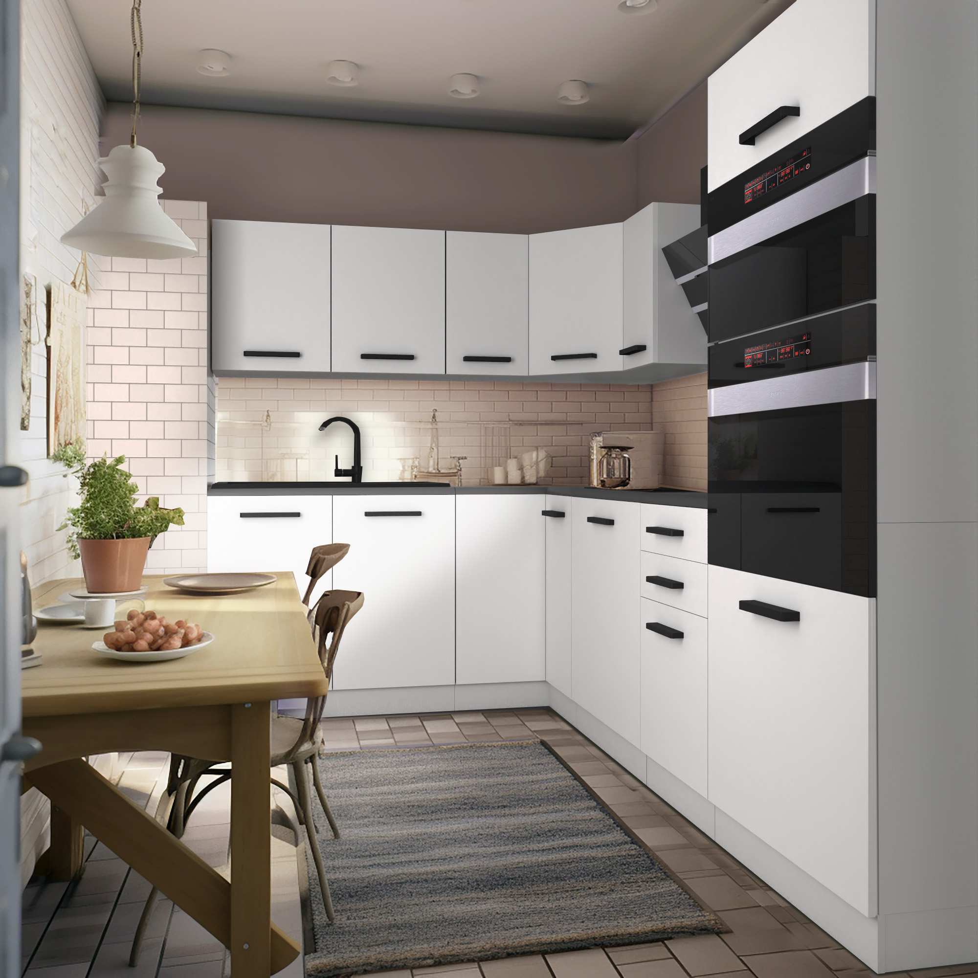 Cuisine lumineuse avec des meubles blancs et table en bois