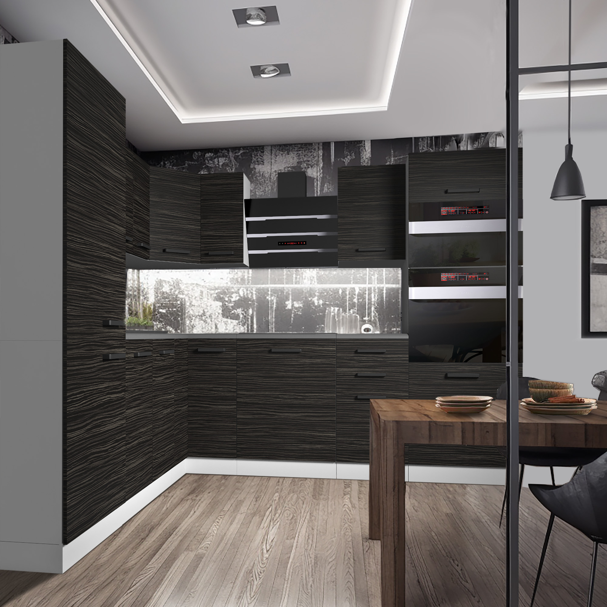 Cuisine avec meubles sombres et table en bois clair