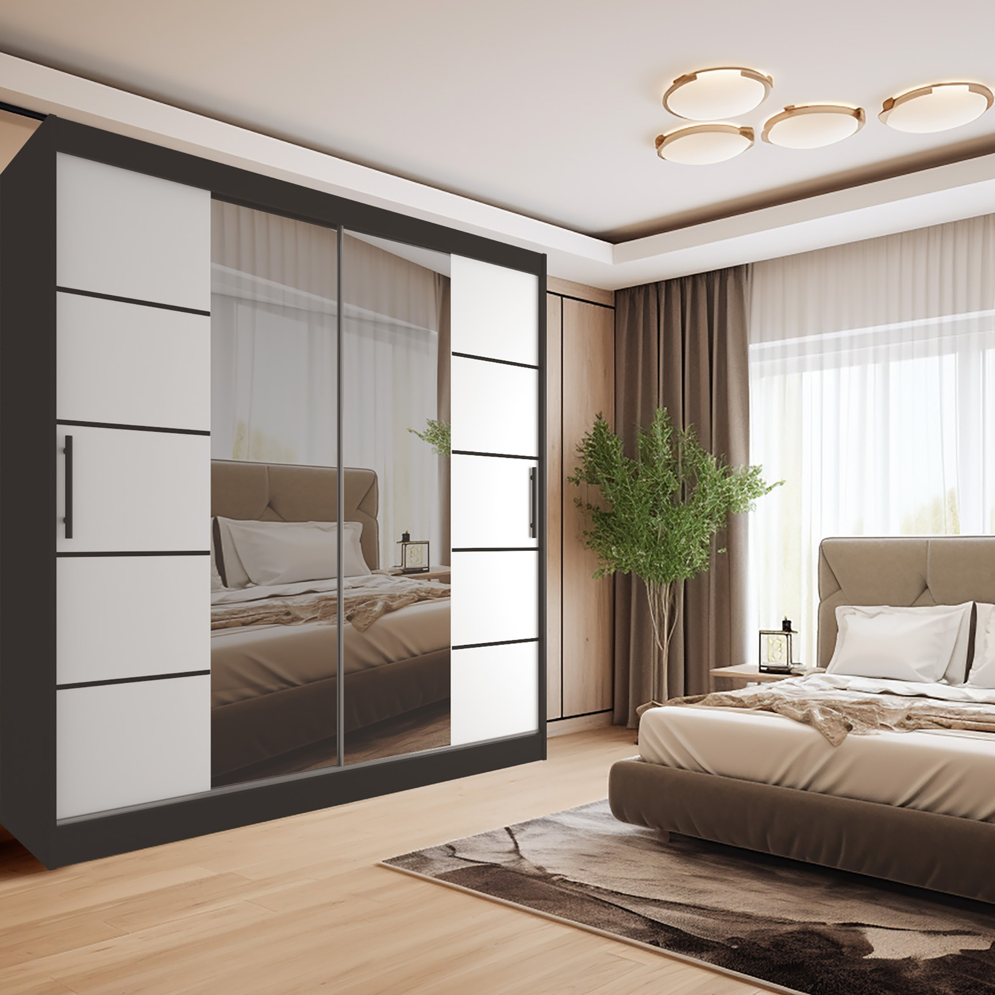 Chambre avec armoire à portes miroirs et lit confortable