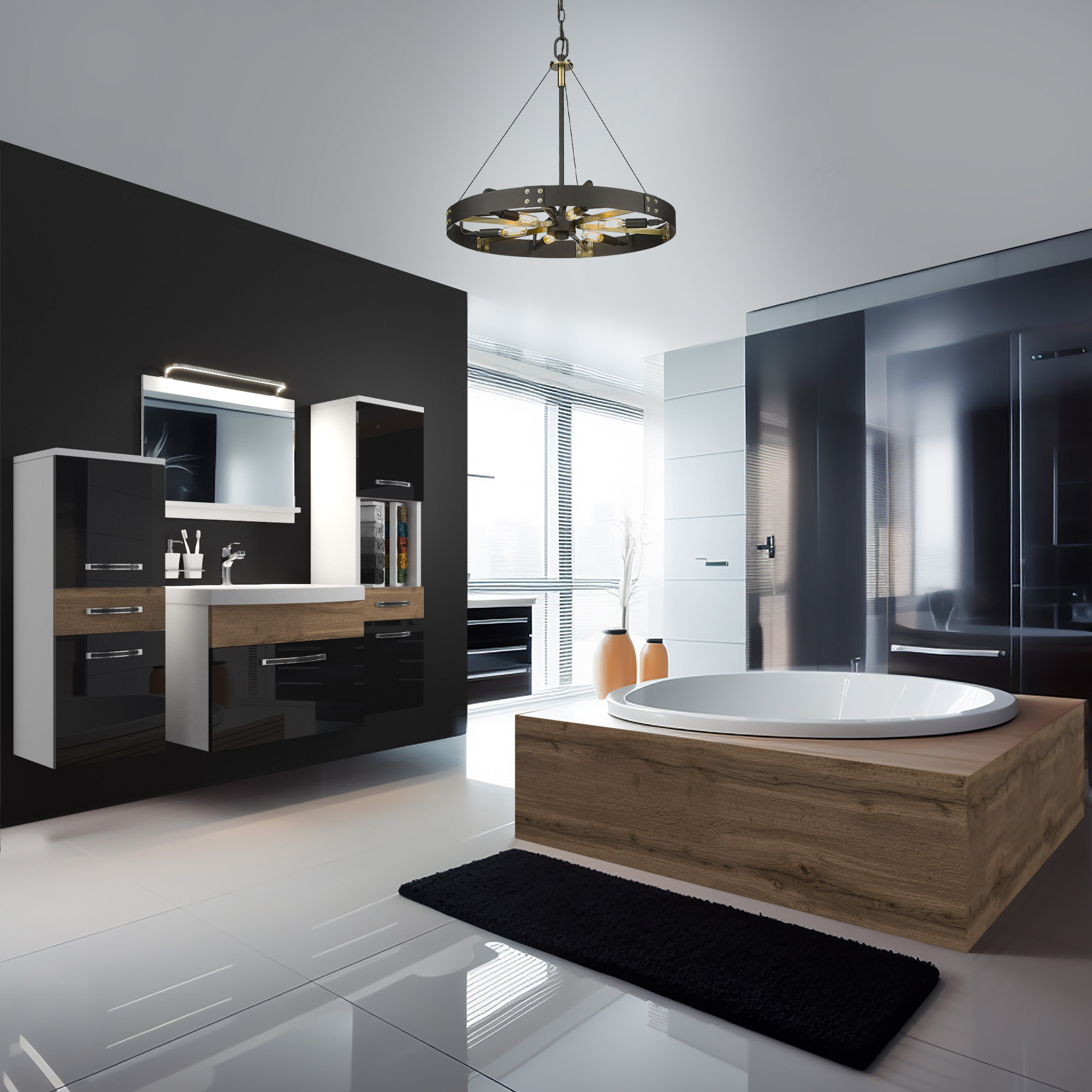Salle de bain moderne avec bains et meubles en bois