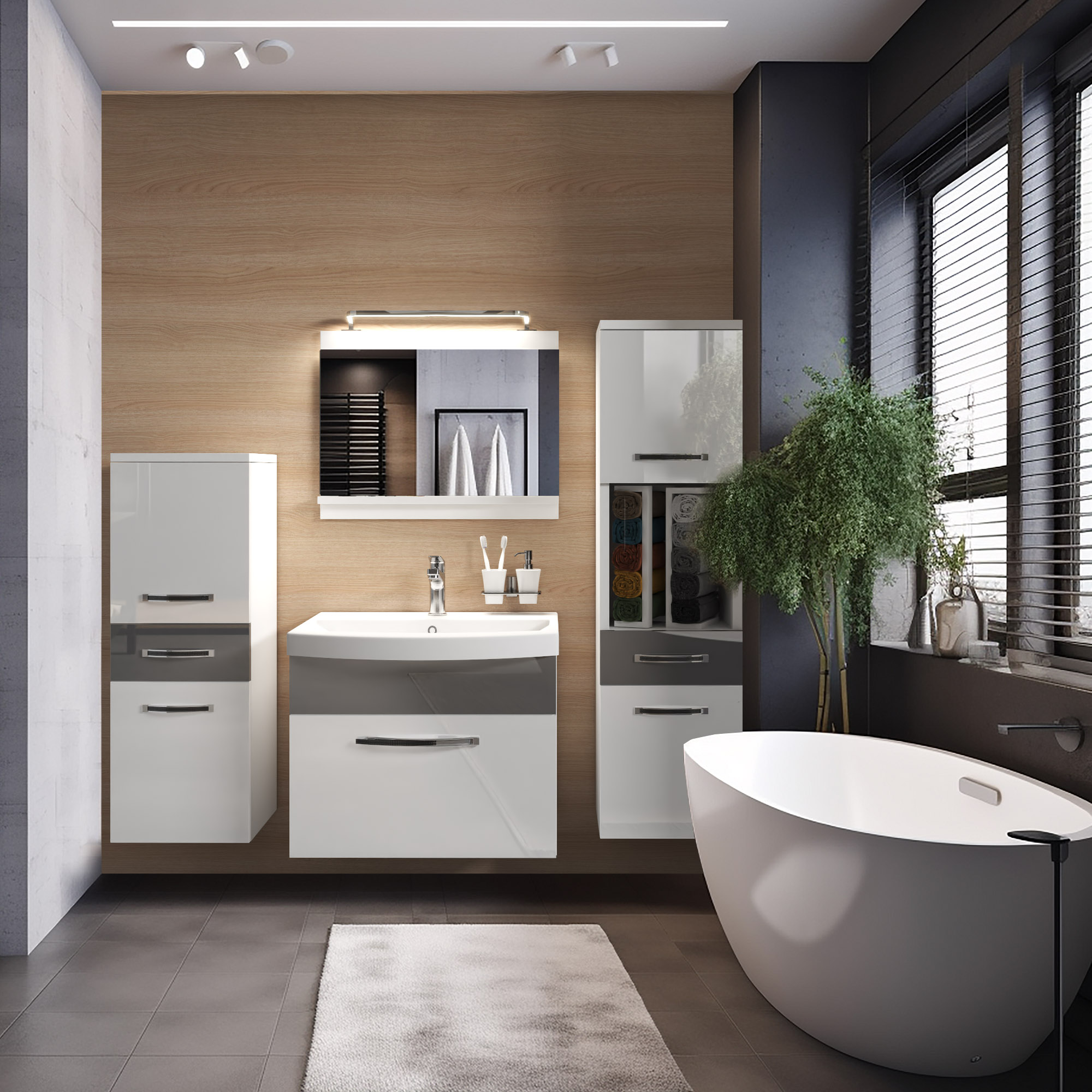Salle de bain avec baignoire ovale et meubles brillants