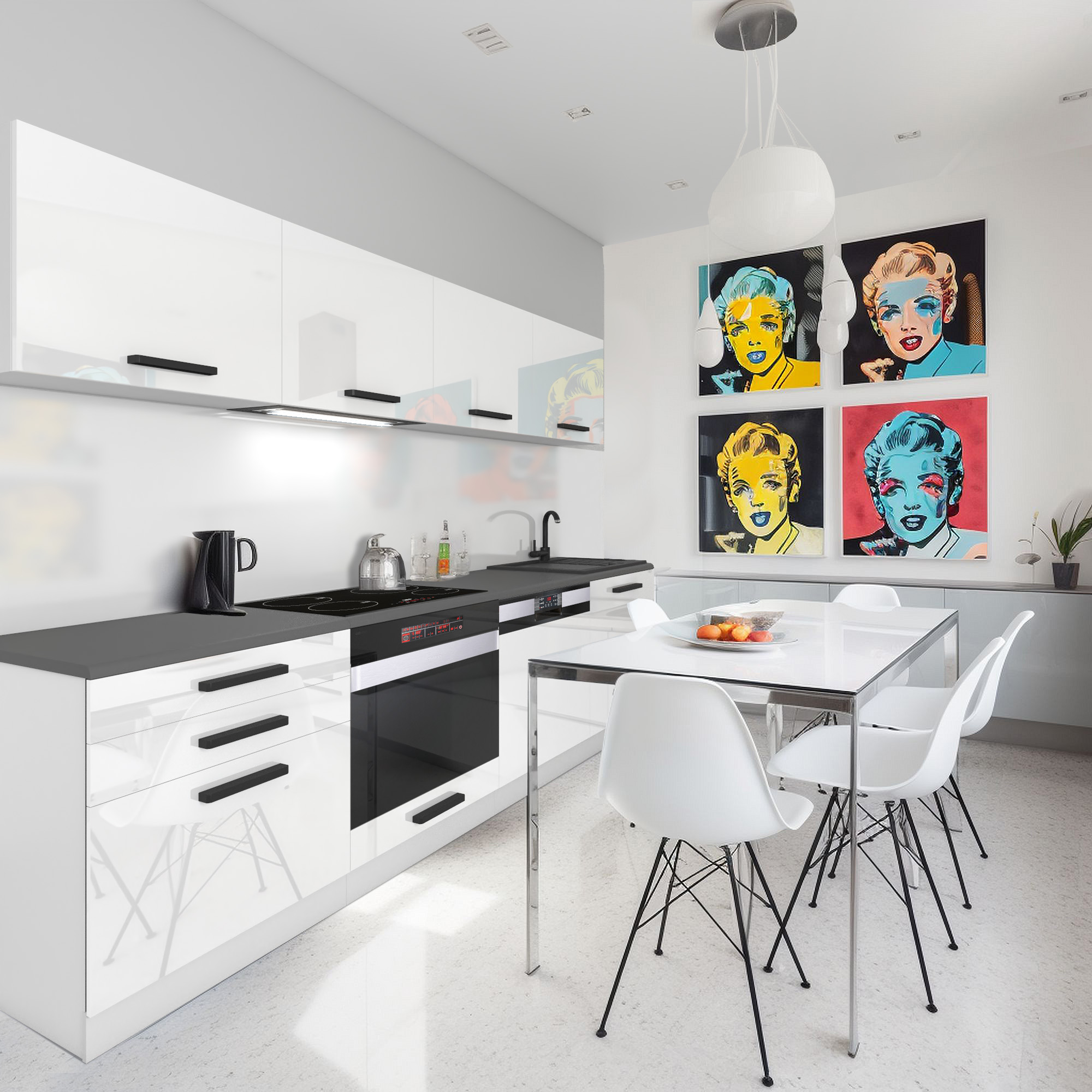 Cuisine avec meubles modernes et art pop coloré