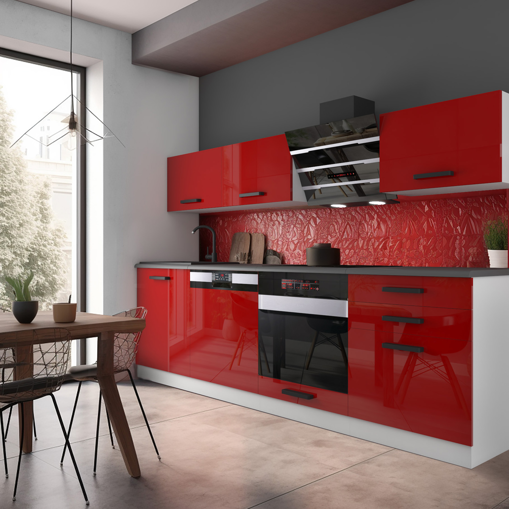 Cuisine avec placards rouges brillants et appareils noirs