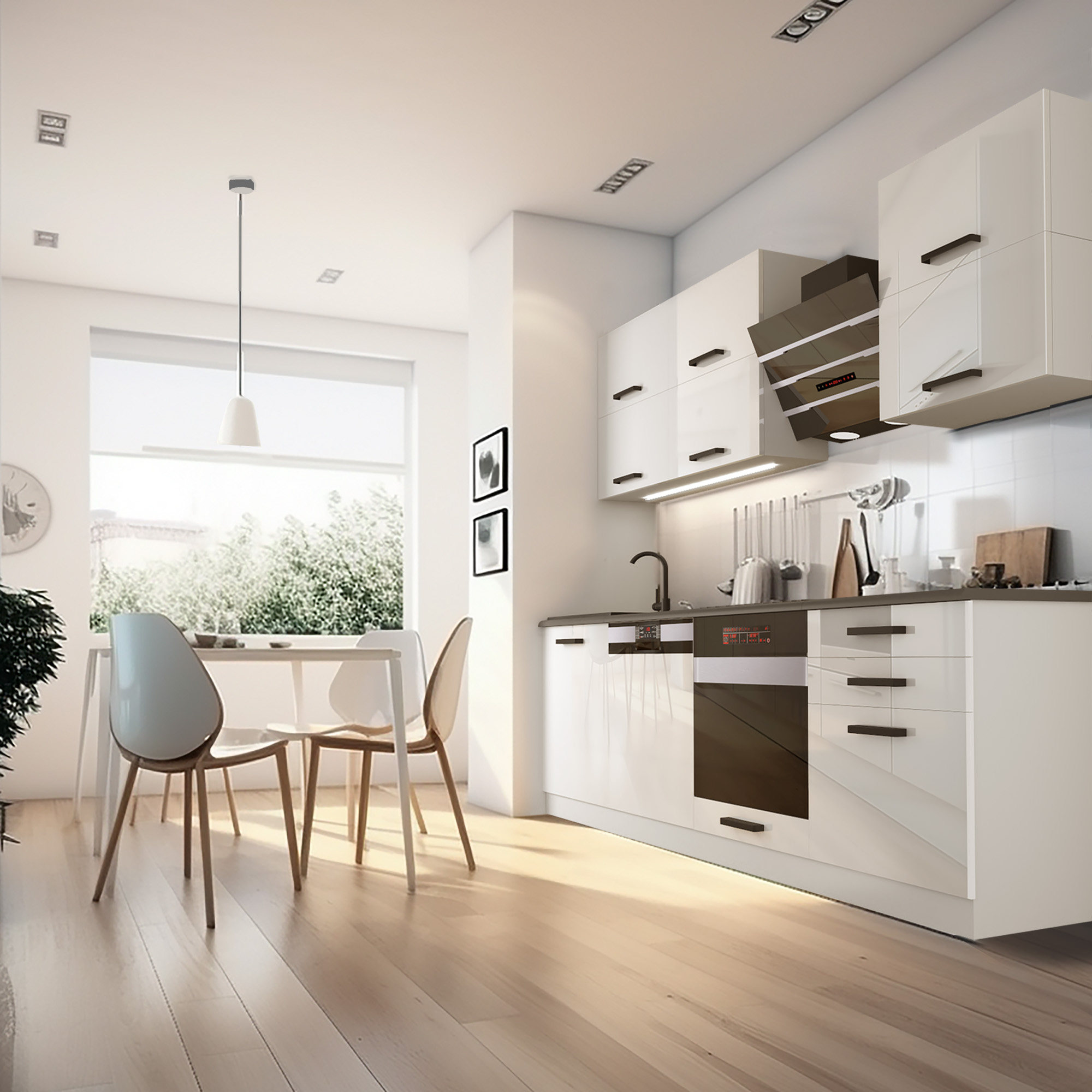 Cuisine lumineuse avec meubles blancs et marrons